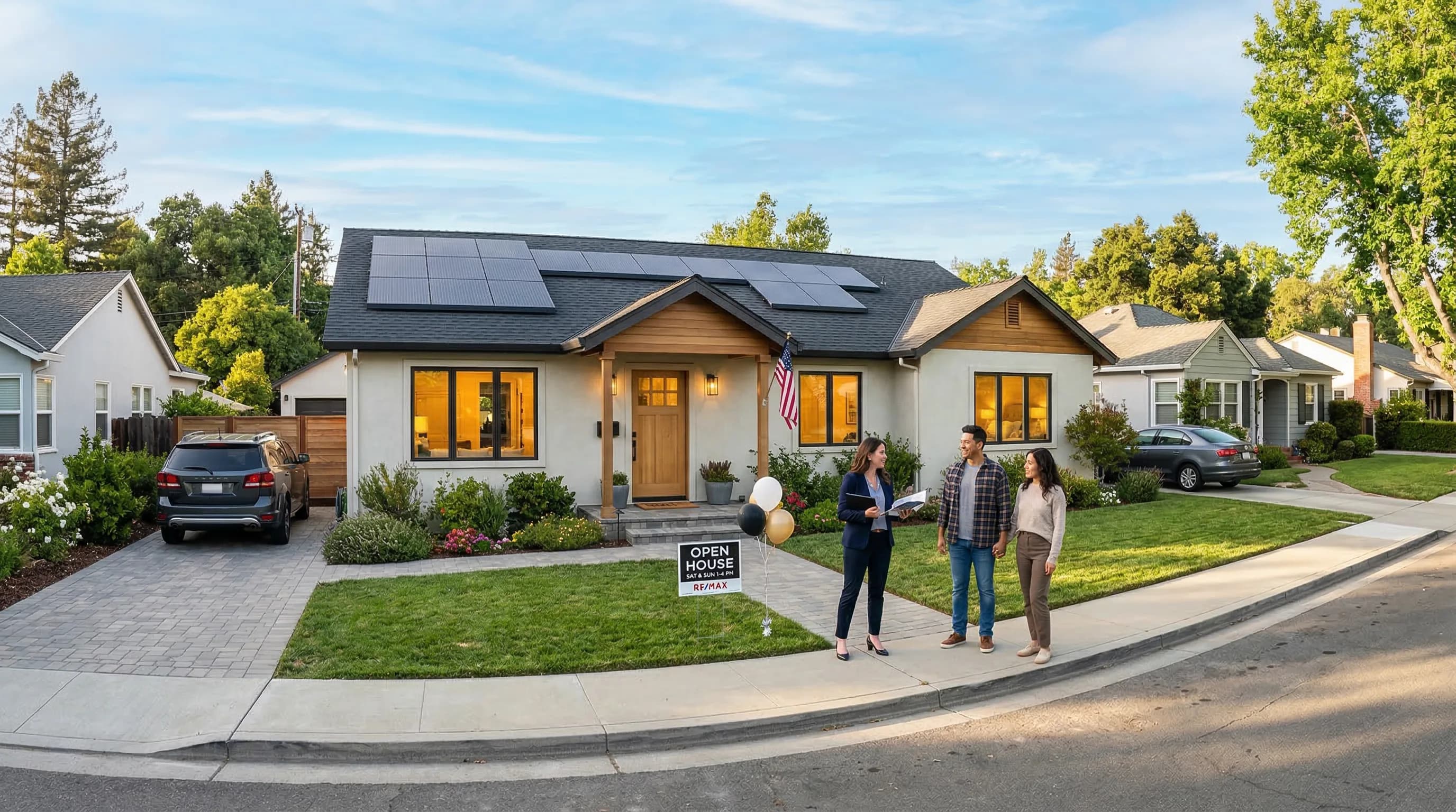 House for sale with solar panels on the roof and a real estate sign in the yard