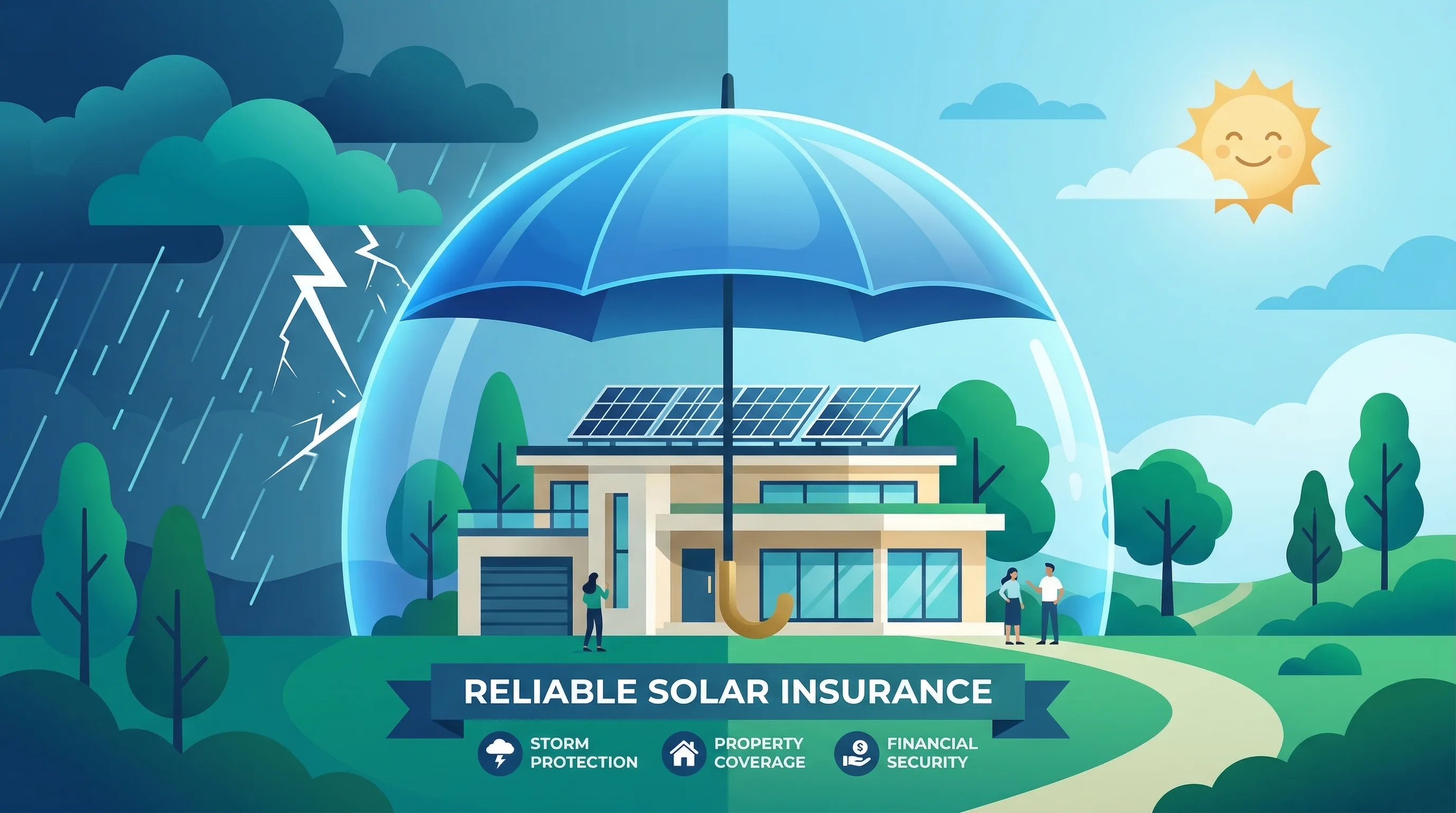 Solar panels on a home with a protective insurance shield concept overlay