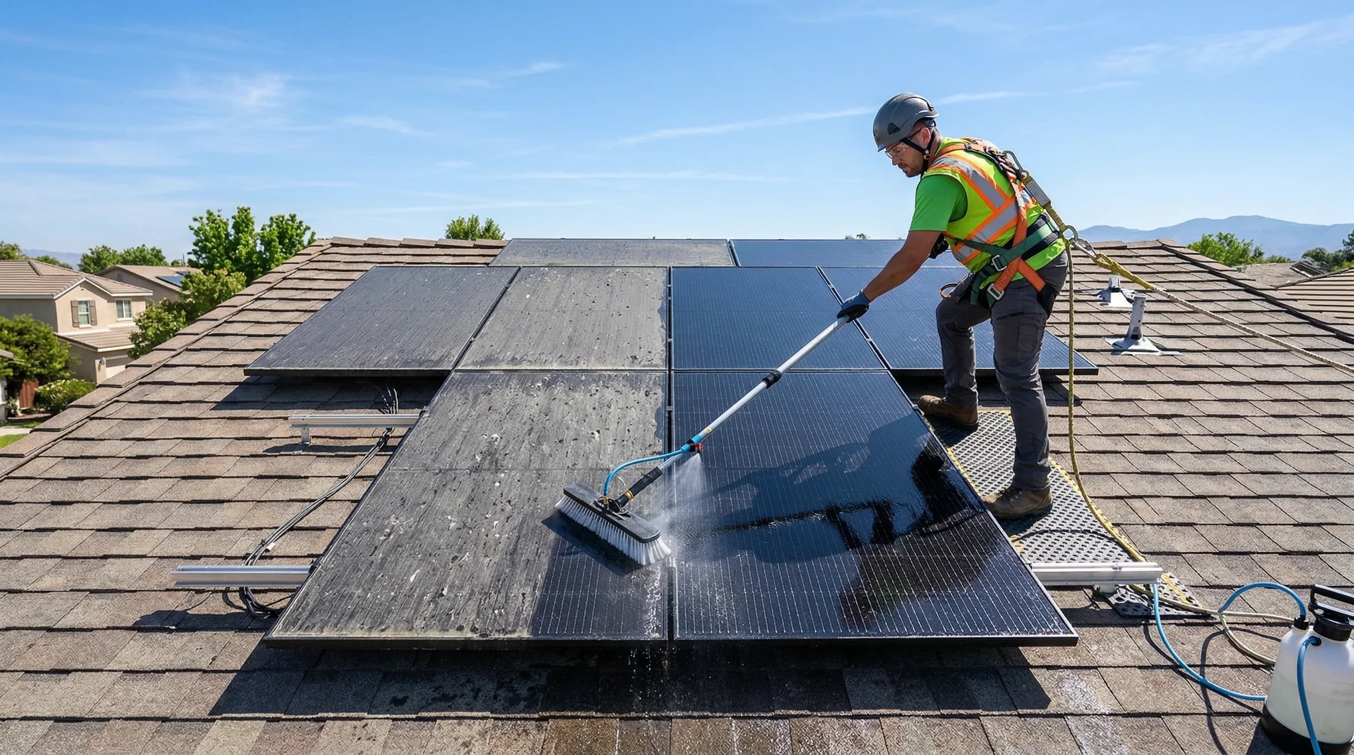 Solar panel cleaning with soft brush and water on a residential rooftop