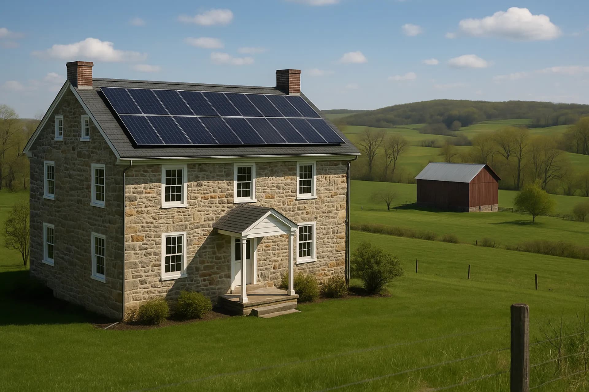 Pennsylvania stone farmhouse with solar panels and rolling hills