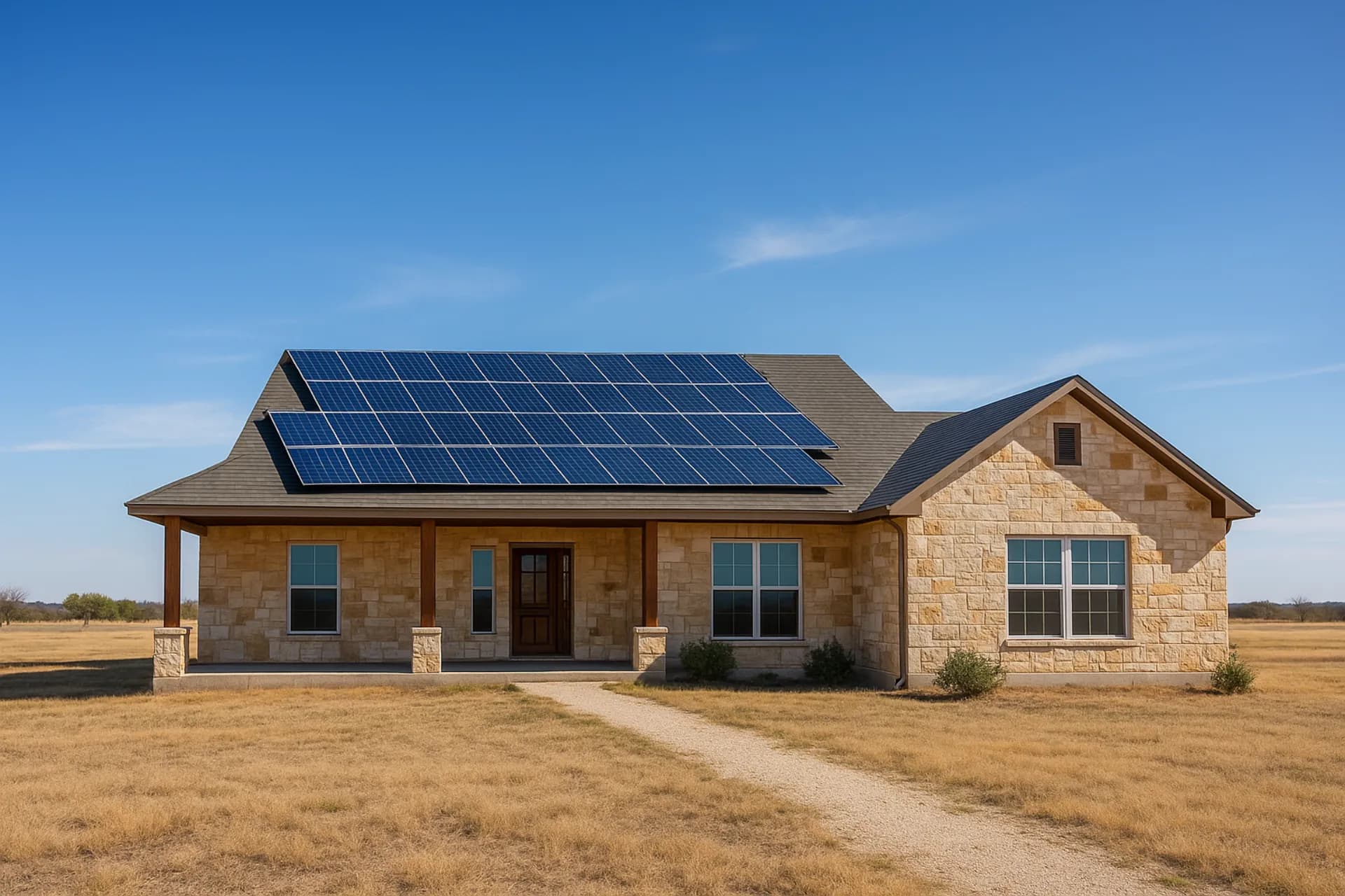 Texas ranch-style home with large solar panel array