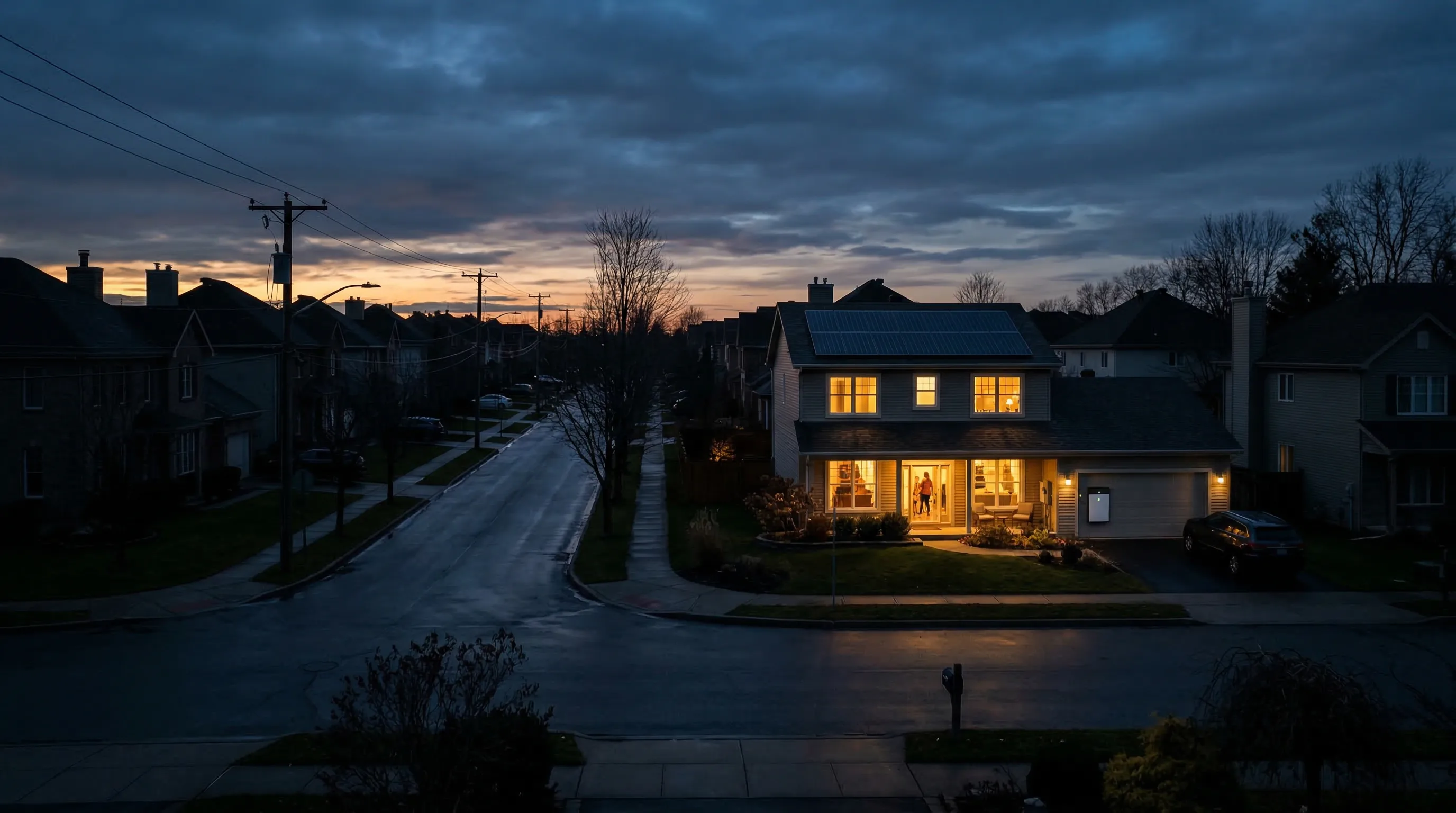 Home with solar panels during a neighborhood power outage at dusk