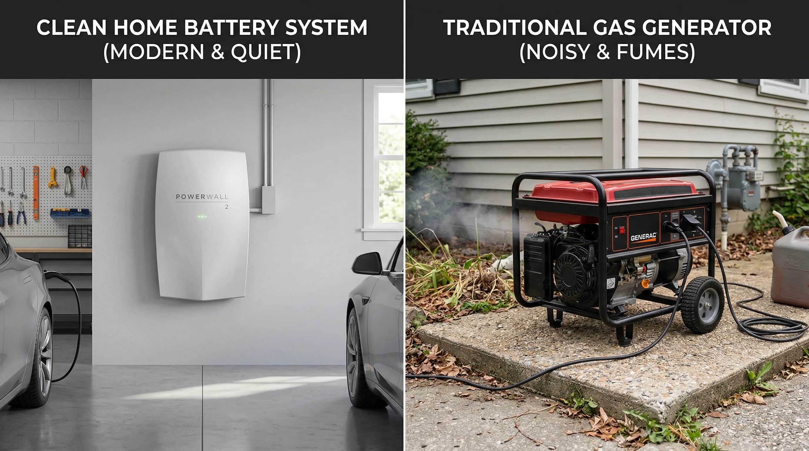 Split comparison of a home battery system and a standby generator side by side