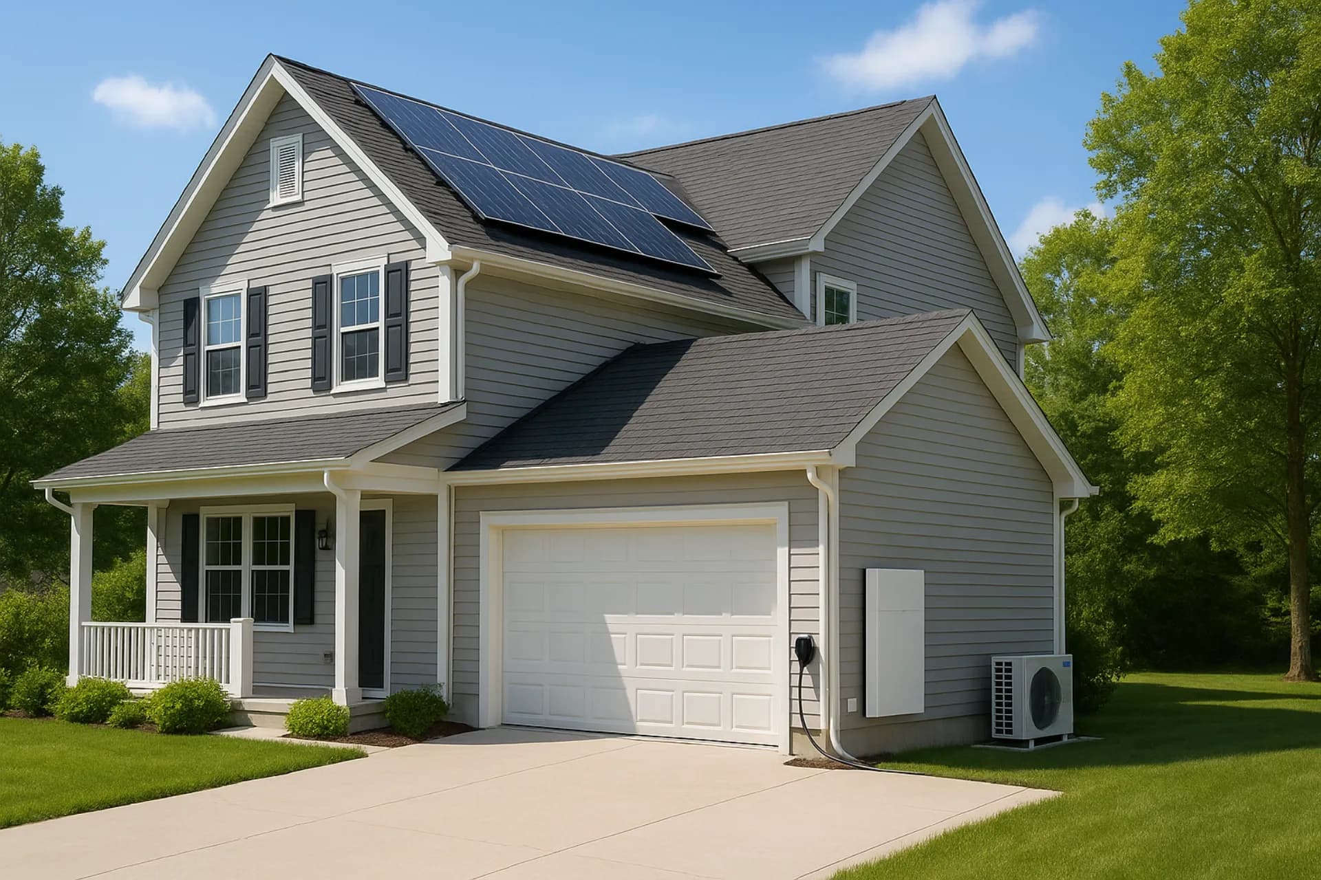 Modern New England home with solar panels, battery, heat pump, and EV charging