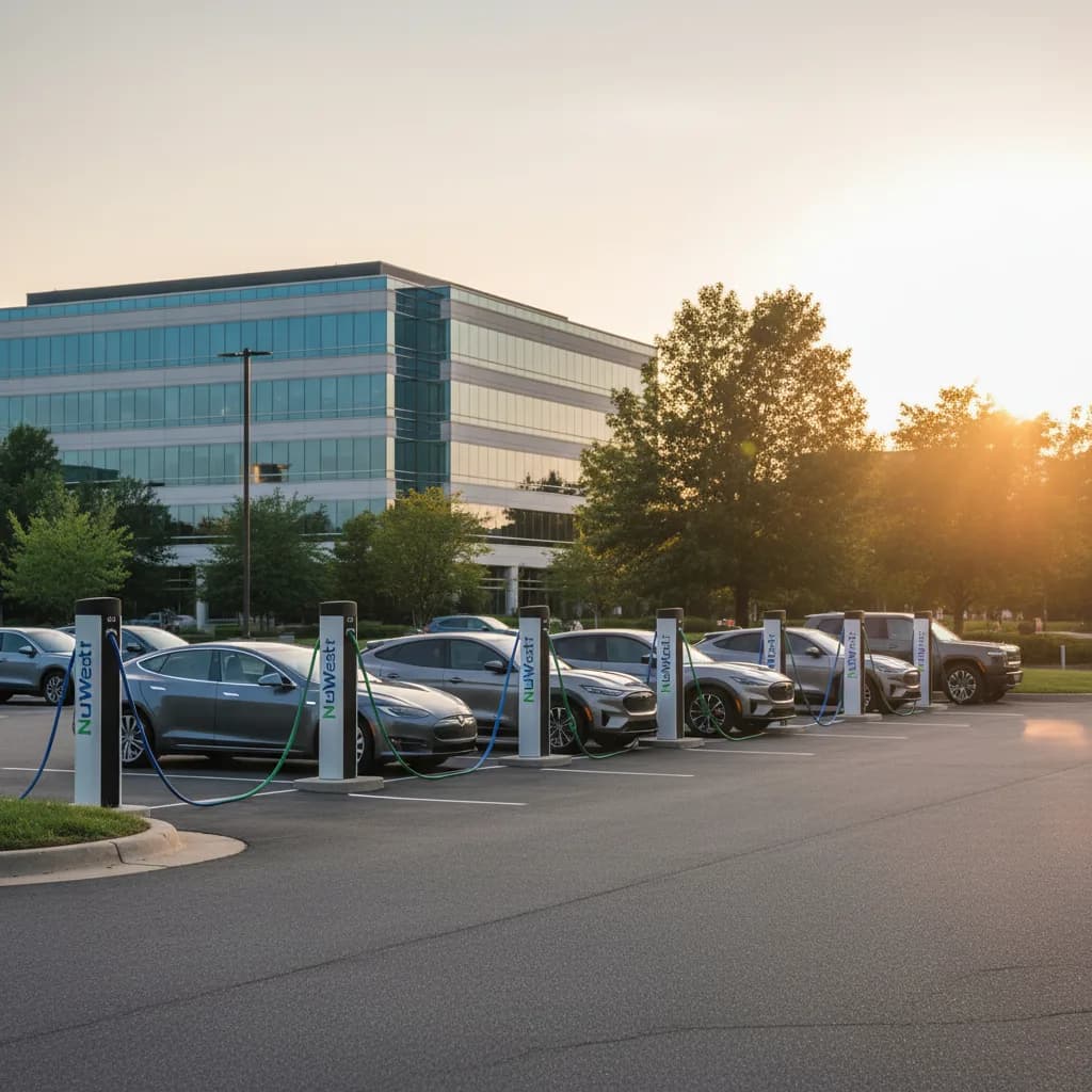 Commercial EV charging canopy over a Texas fleet lot at sunset