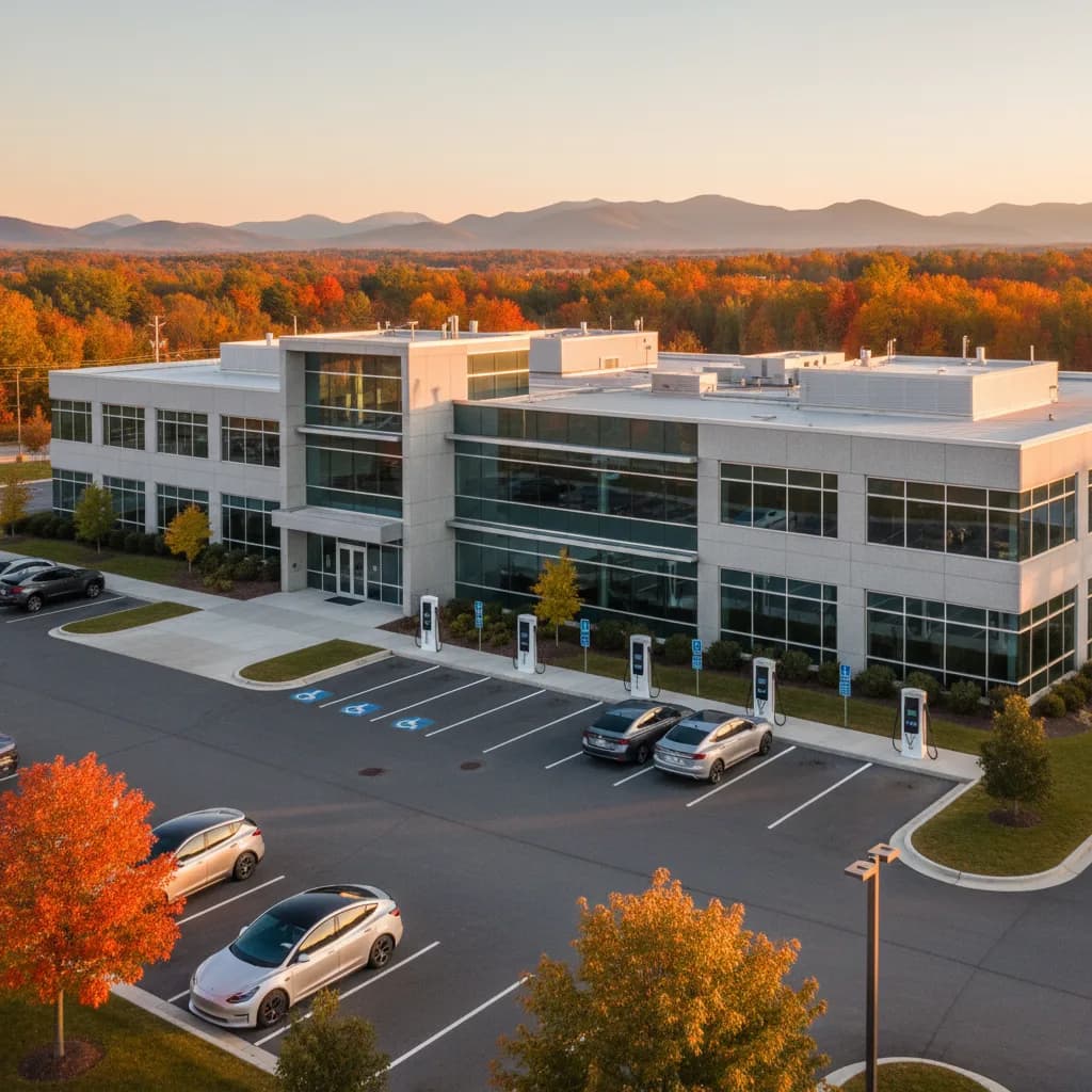 Commercial EV chargers at a New Hampshire retail center with White Mountains backdrop