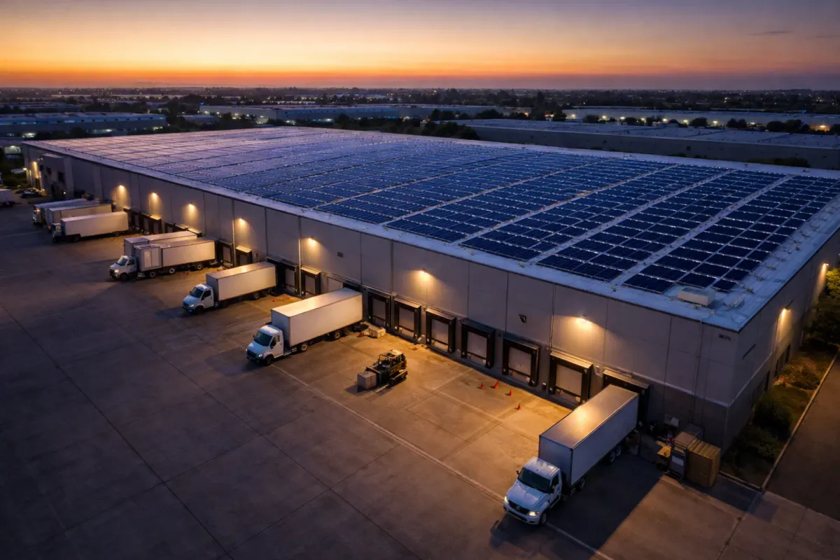 Large warehouse roof covered with a commercial solar array