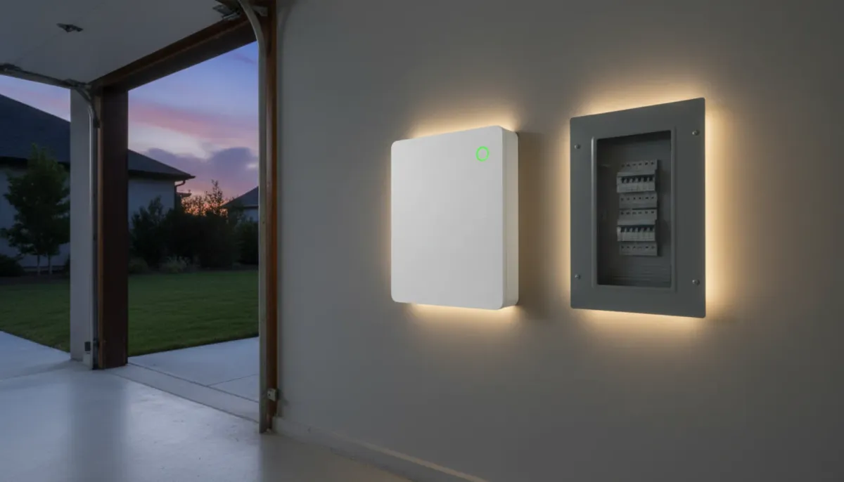 Home battery storage system installed in a modern garage