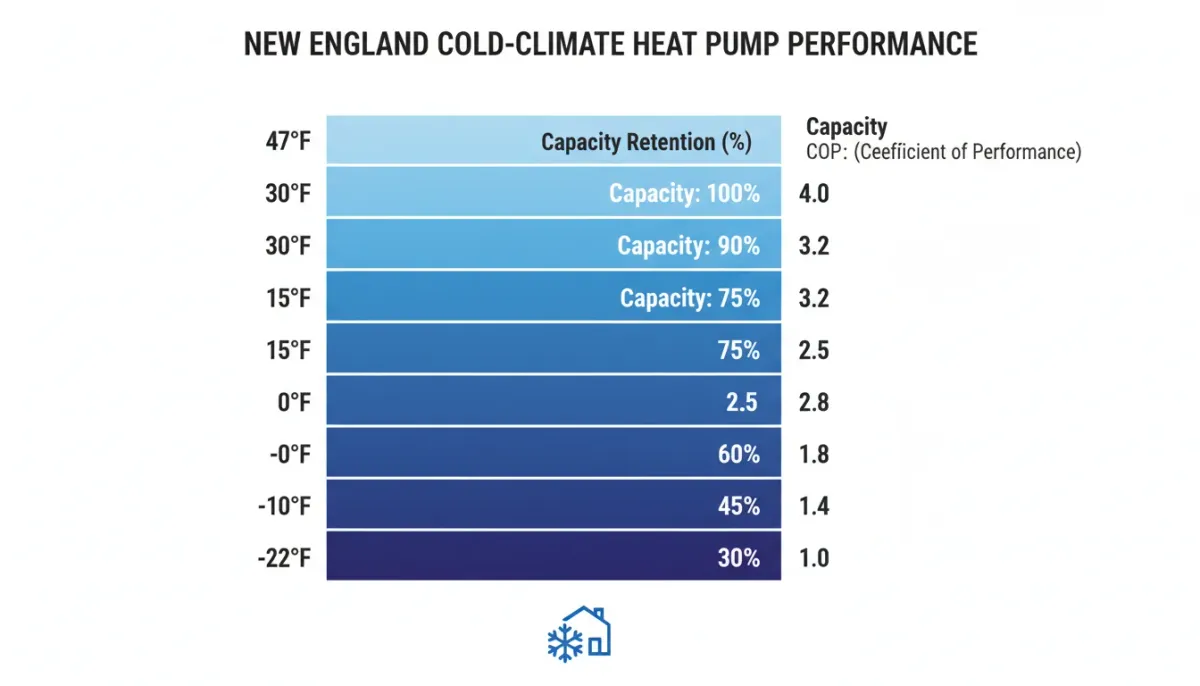 Infographic showing cold-climate heat pump performance and capacity retention from 47°F down to -22°F for New England