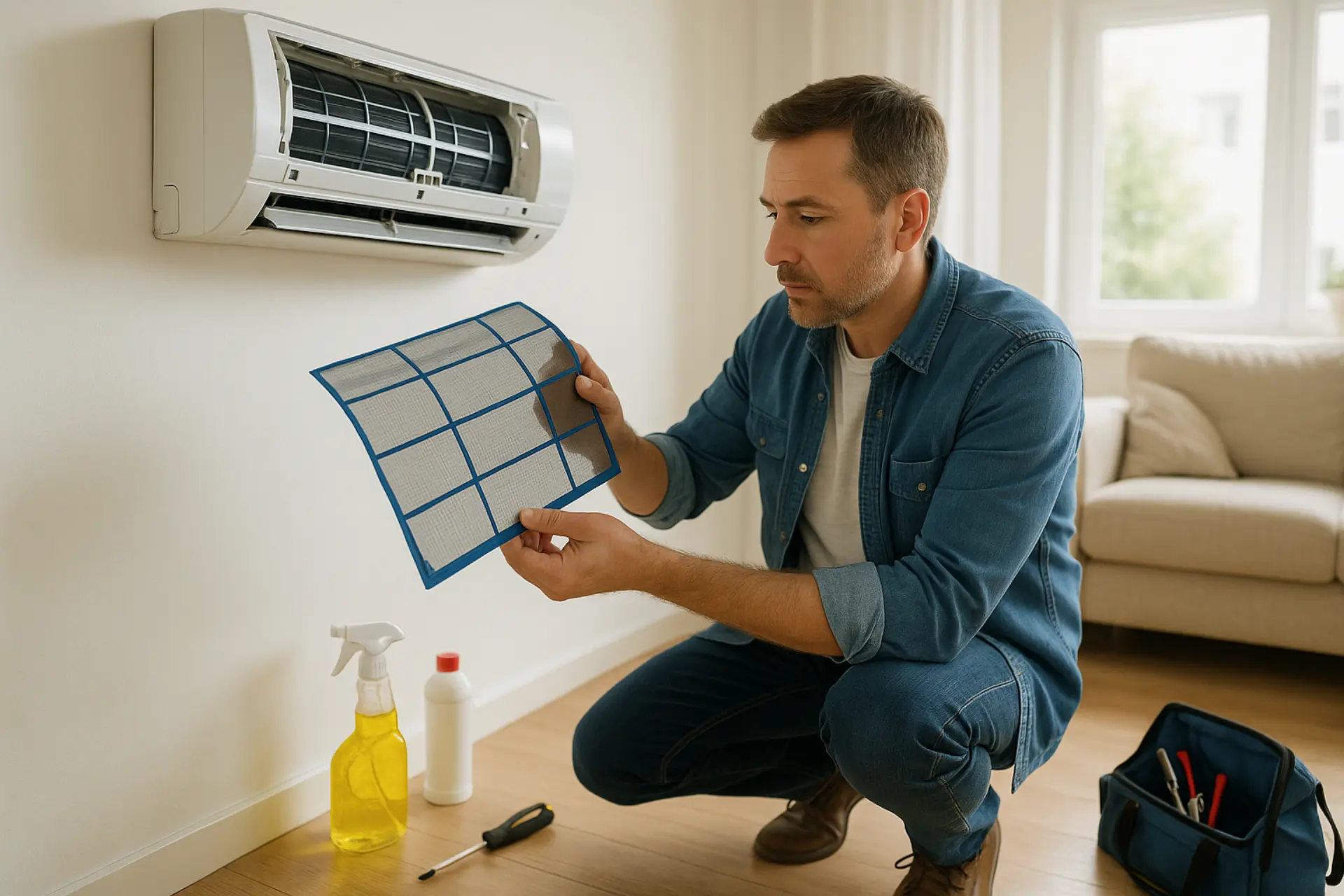 Homeowner cleaning heat pump filter