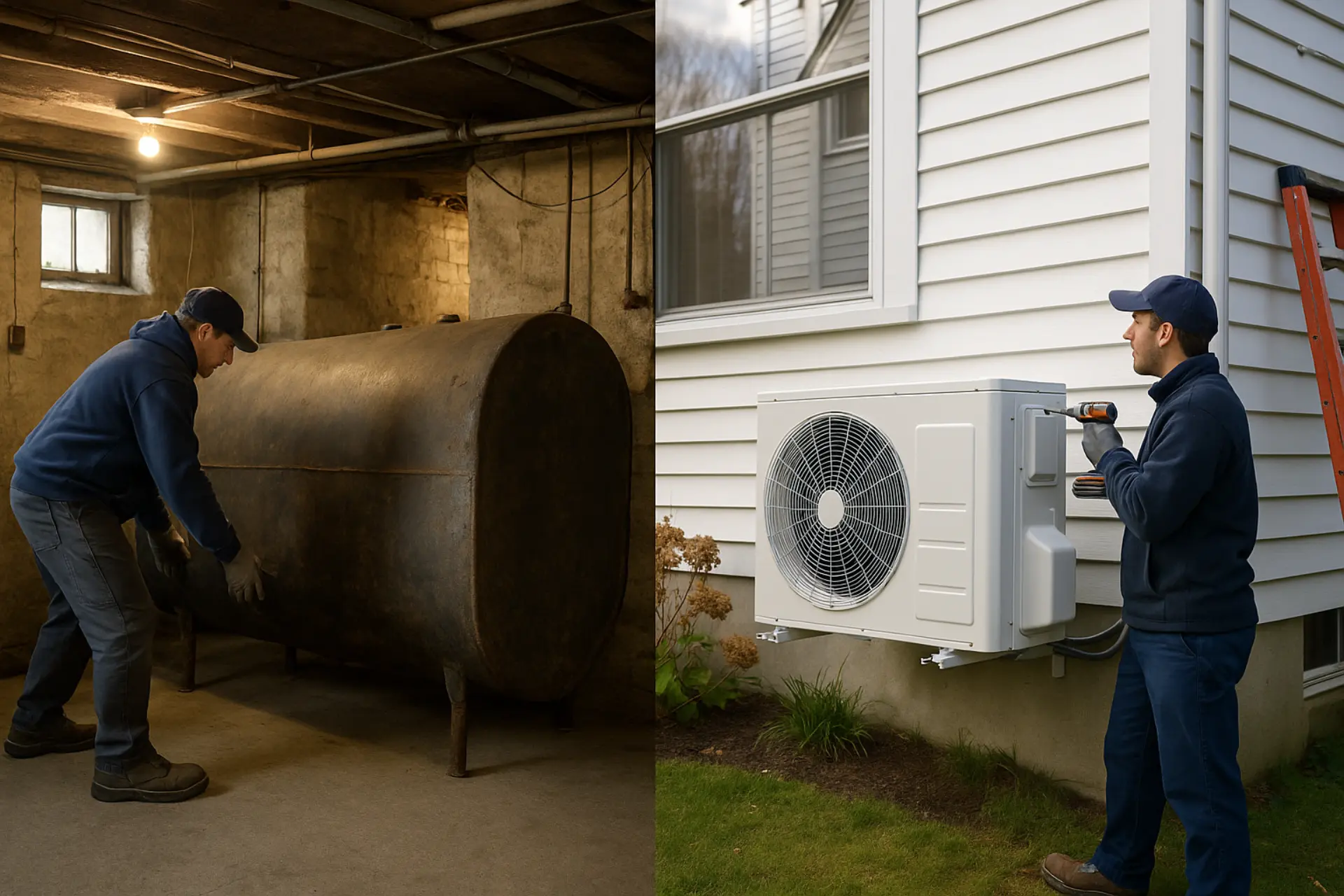 Oil tank being removed from basement with heat pump being installed