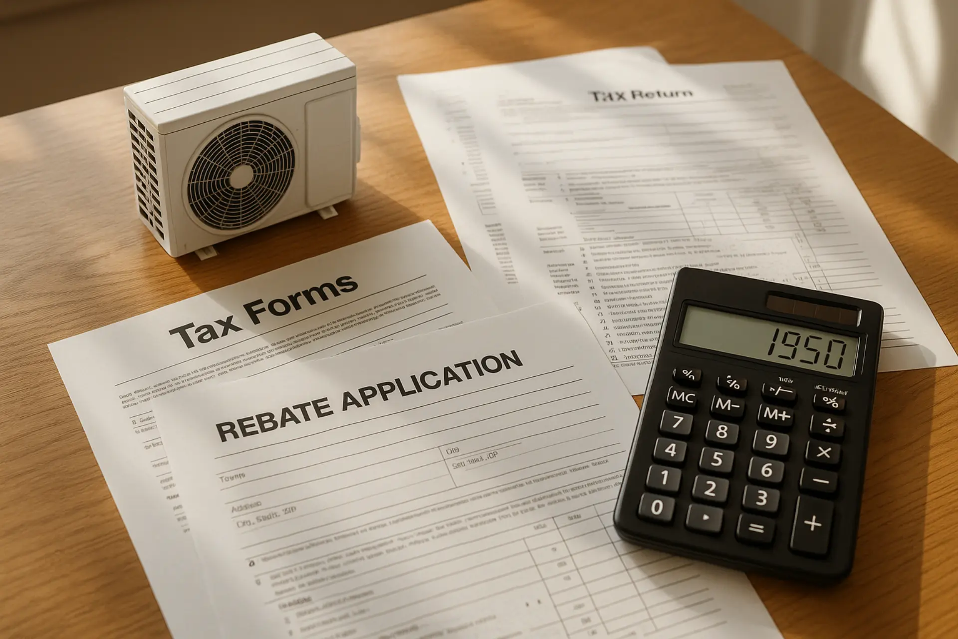 Tax documents and heat pump rebate forms on a desk