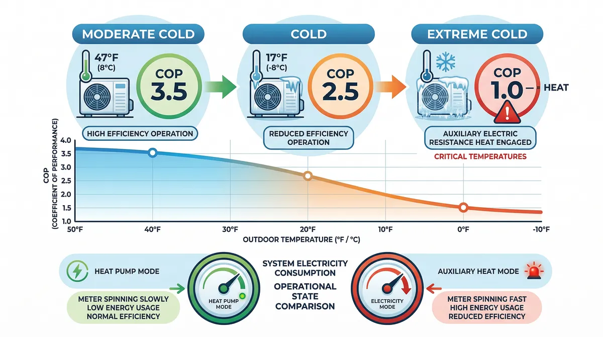 Diagram showing heat pump COP dropping and auxiliary heat activating at low temperatures