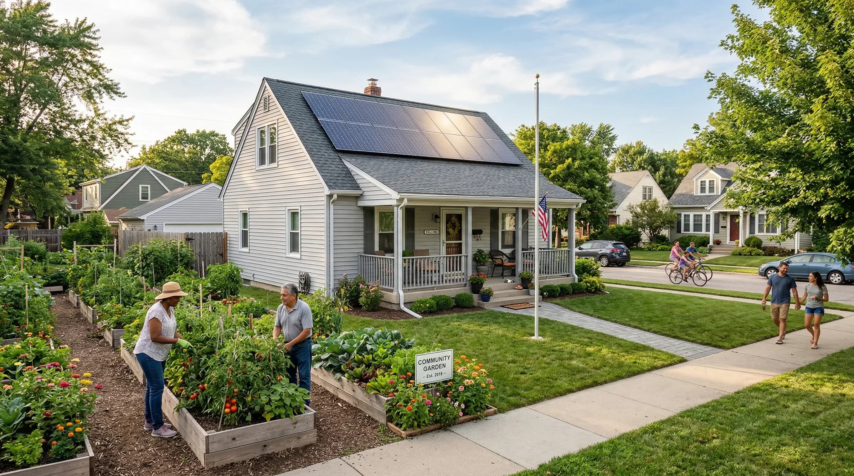 Affordable solar panels on a modest American home in a welcoming neighborhood