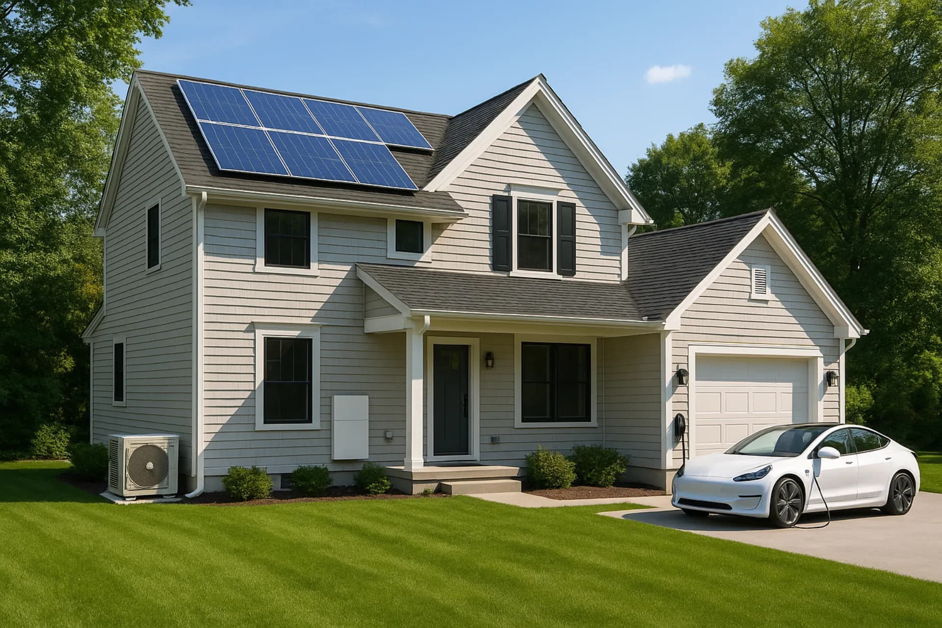 Modern New England home with rooftop solar panels, home battery, heat pump, and EV charging