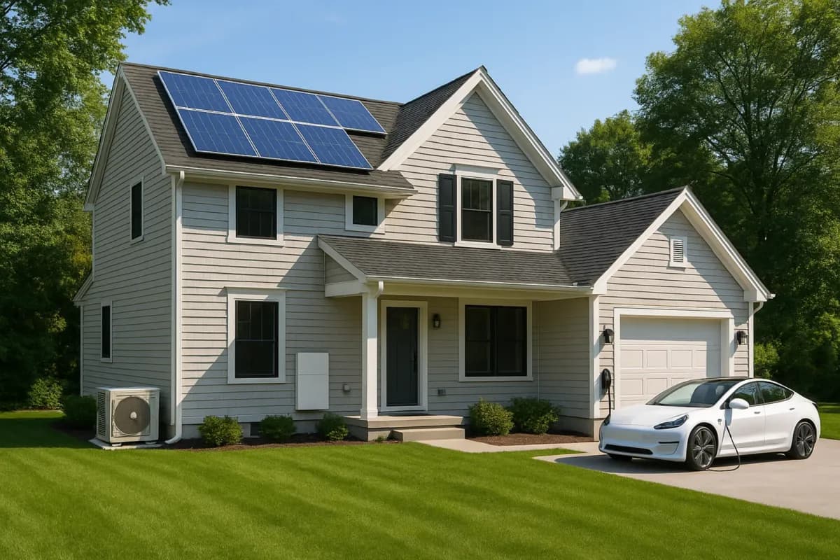 Modern New England home with rooftop solar panels, home battery, heat pump, and EV charging