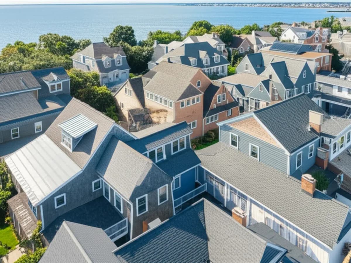 Aerial view of Quincy Massachusetts South Shore with solar panels on residential rooftops