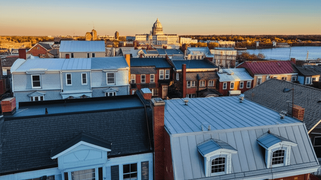 Solar panels on Harrisburg PA rooftop with Pennsylvania state capitol dome in background