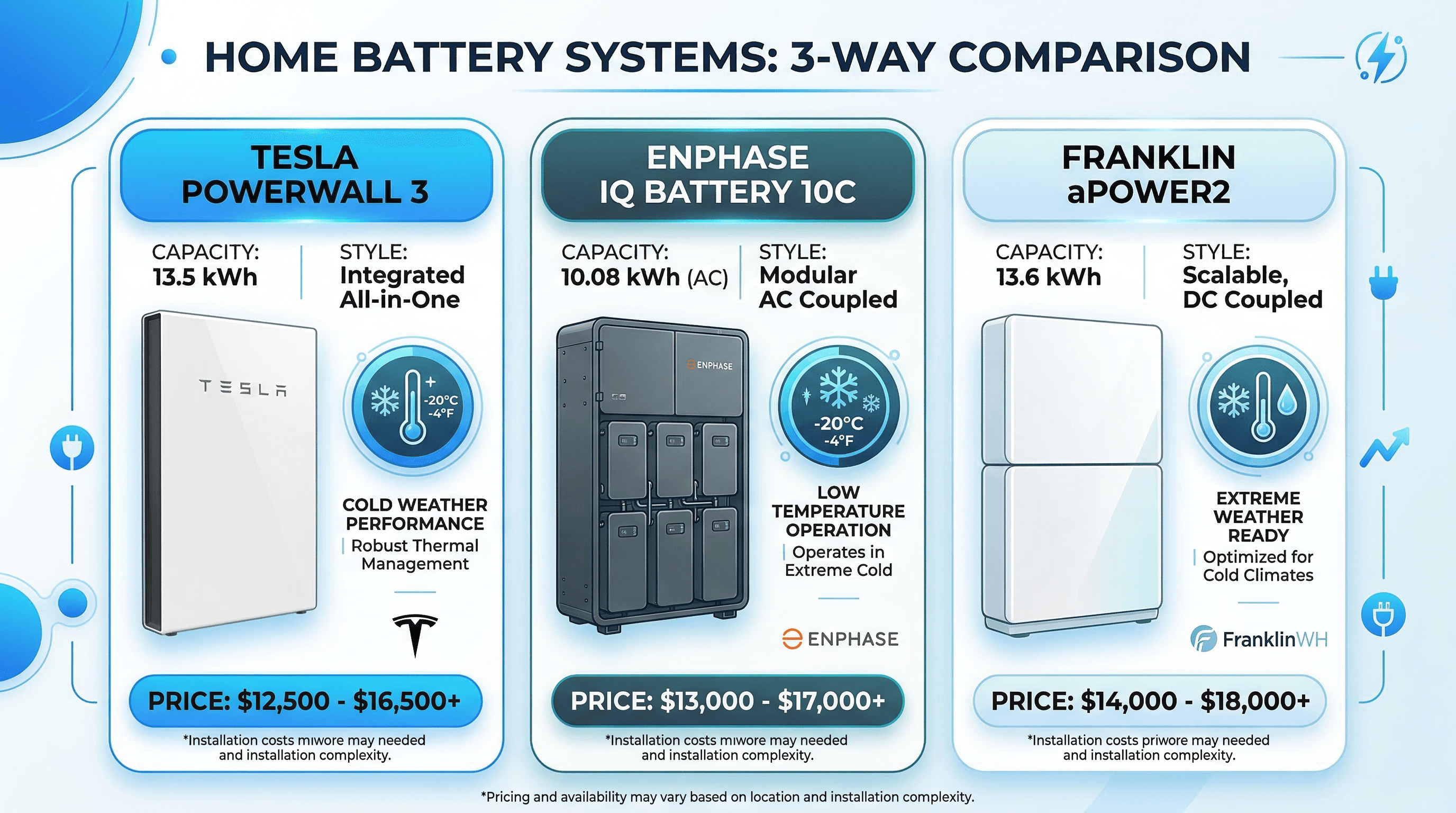 Comparison of Tesla Powerwall 3, Enphase IQ Battery 10C, and Franklin aPower2 for Maine homes