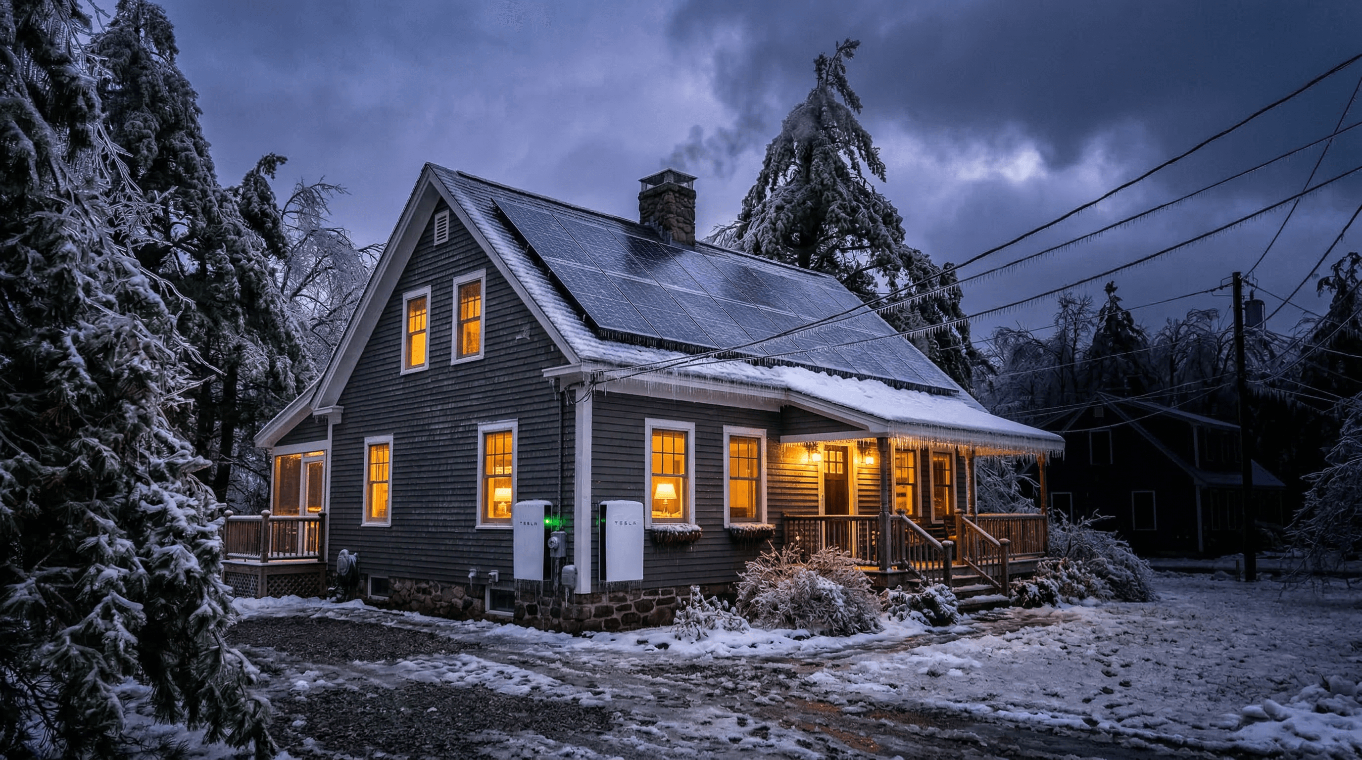 Maine home with solar panels and battery backup during an ice storm — lights on while neighbors are dark