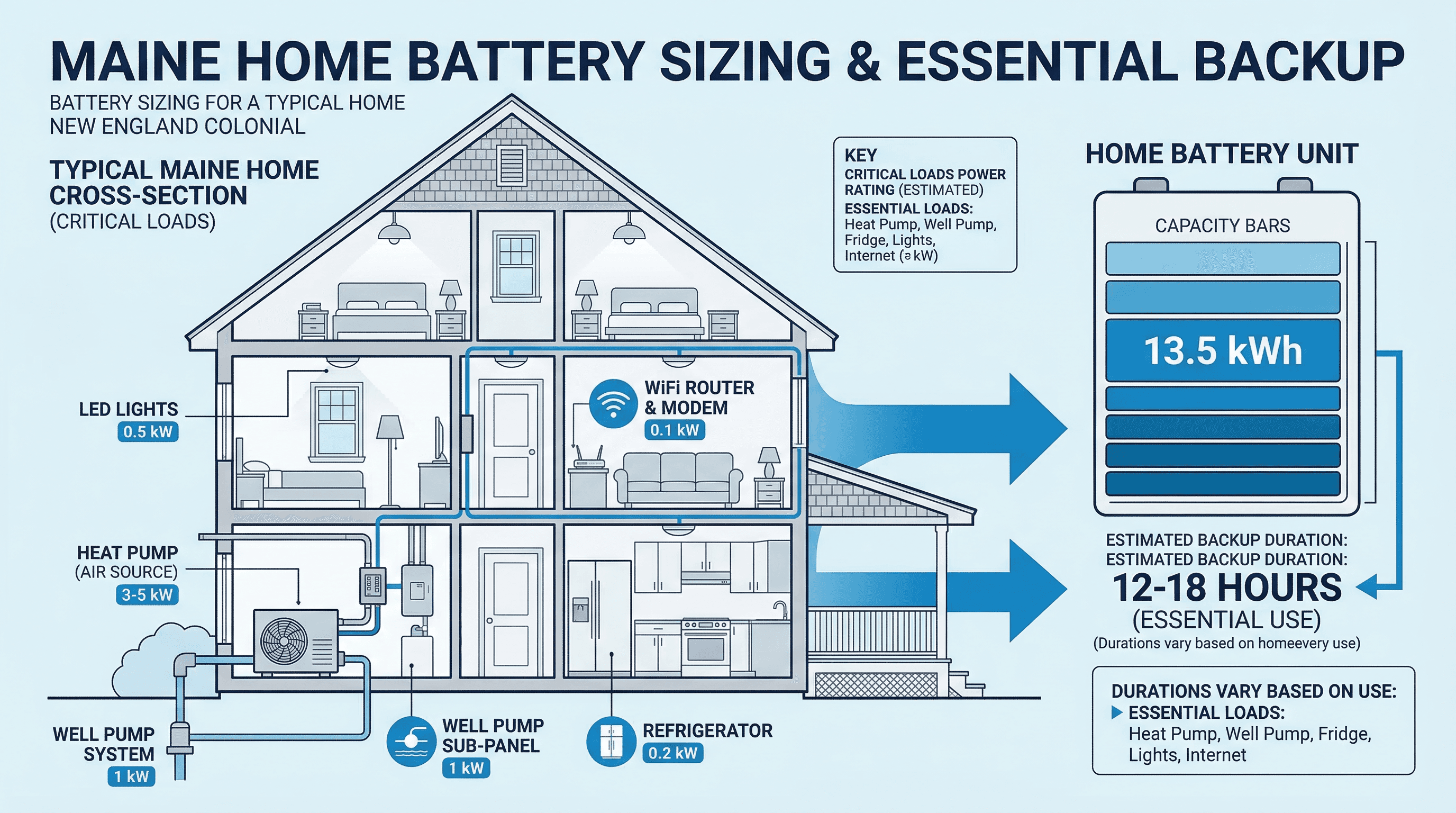Battery sizing diagram showing critical loads and backup capacity for Maine homes