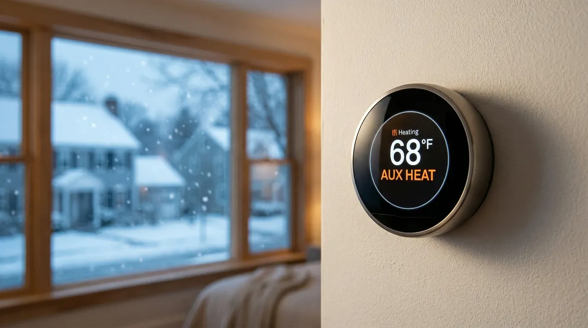 Heat pump thermostat showing auxiliary heat indicator in a Massachusetts home