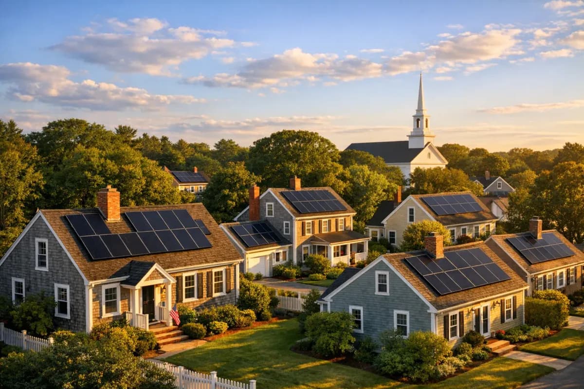Solar panels on a Massachusetts home with autumn foliage in the background