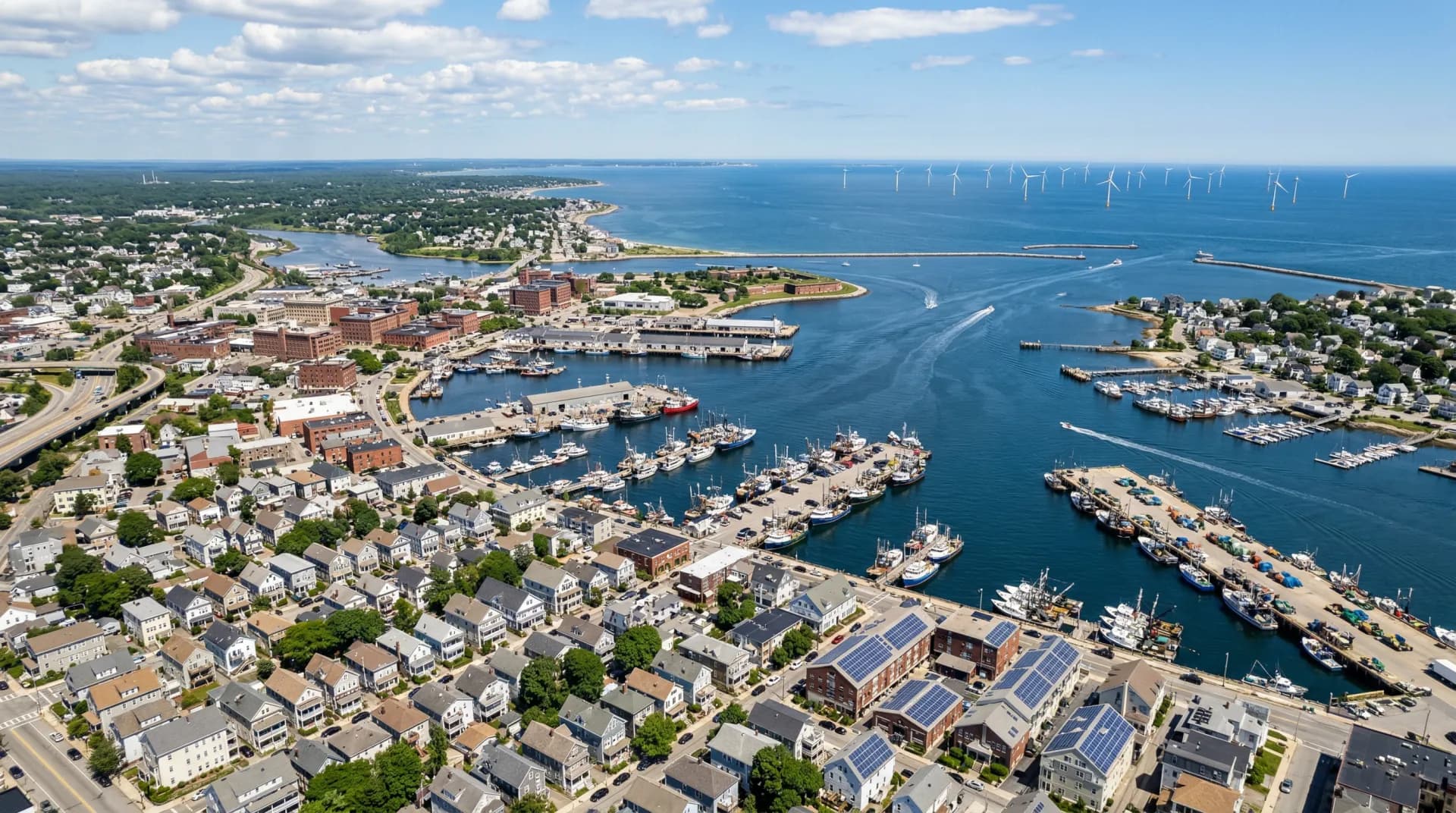 Aerial view of New Bedford Massachusetts with solar panels on residential rooftops