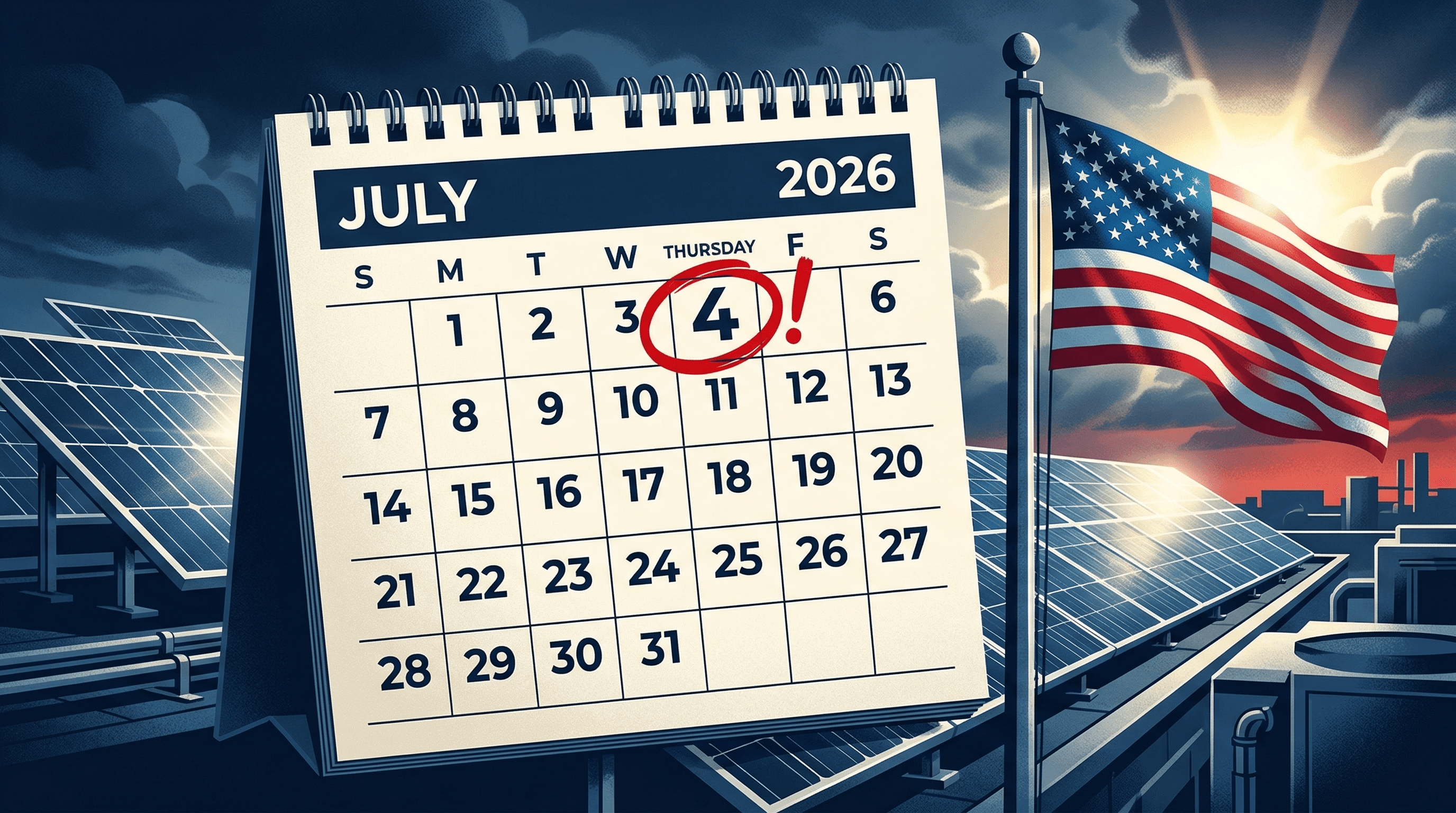 Calendar showing July 4, 2026 solar construction deadline with American flag