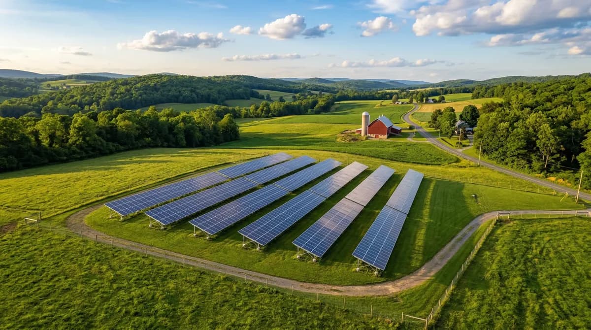 Ground-mounted solar panel array on a rural Pennsylvania property