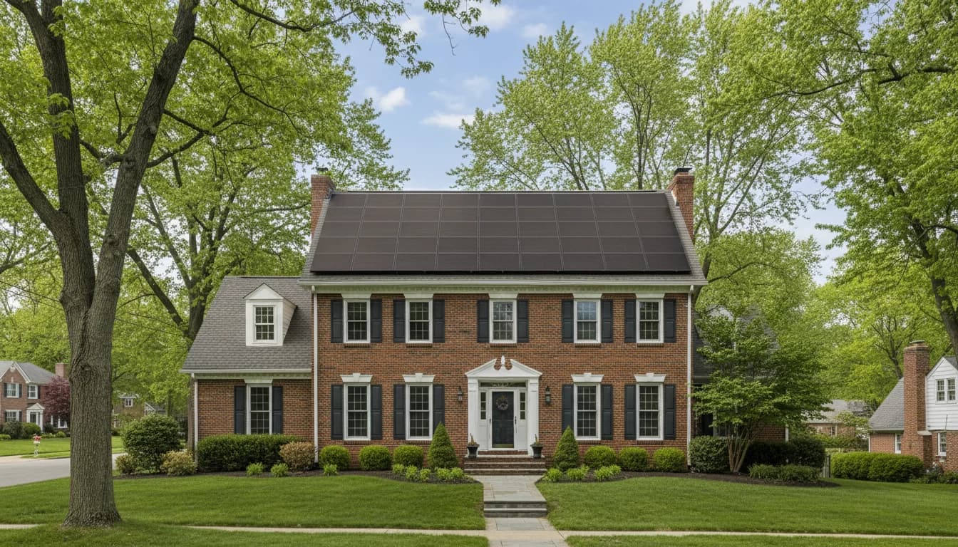 Solar panels on a Pennsylvania home rooftop with the state flag in the background