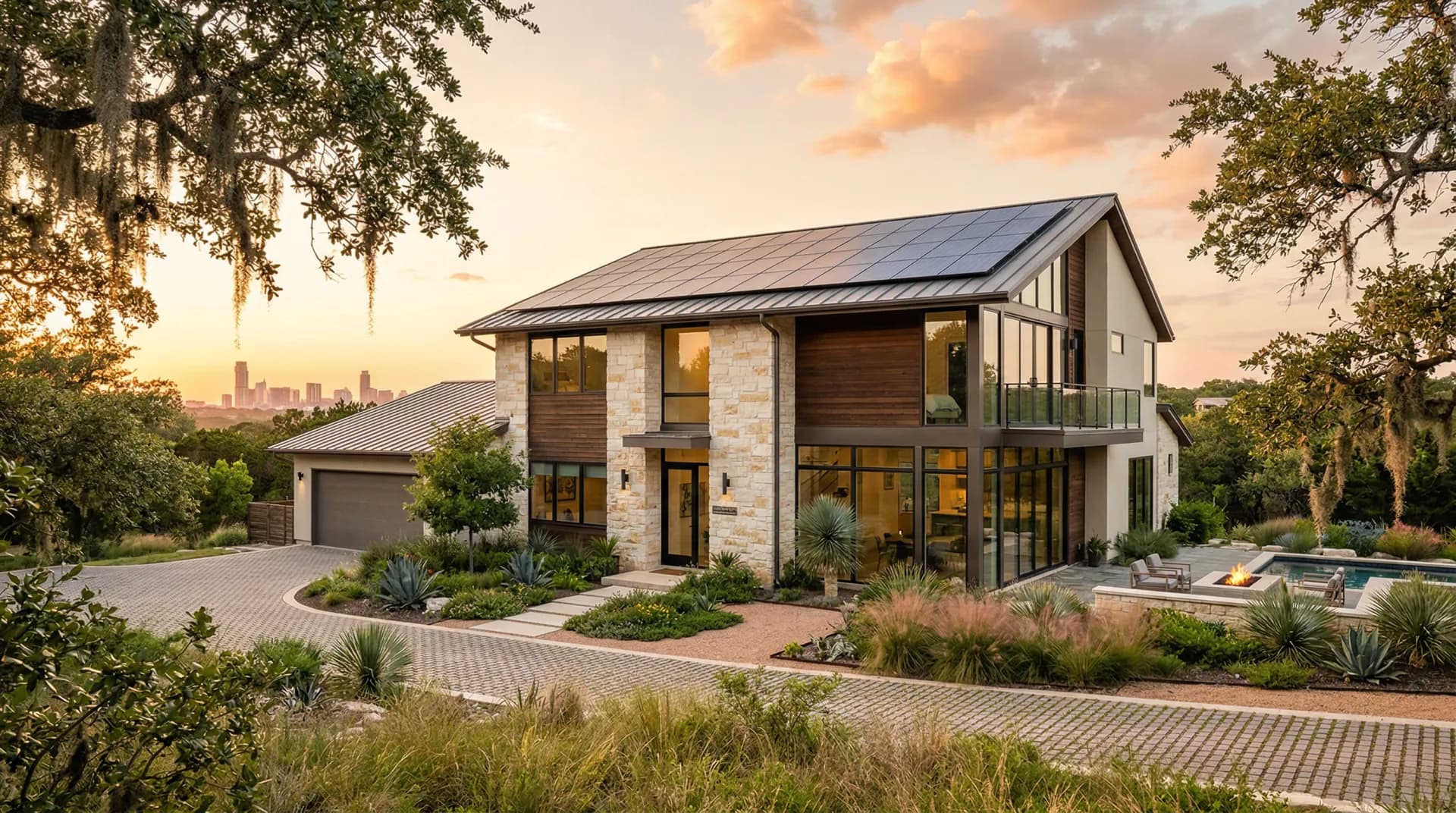 Austin Texas home with solar panels on rooftop, Capitol dome and downtown skyline visible