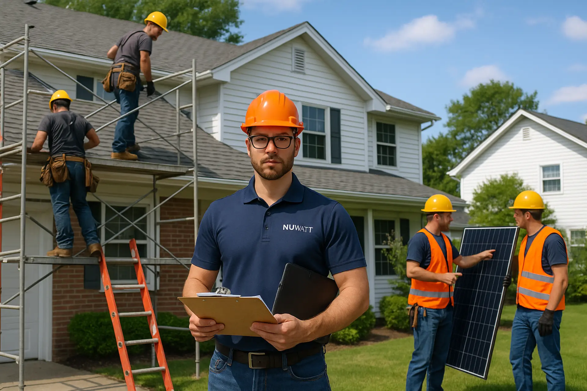 NuWatt project manager coordinating roofing and solar crews