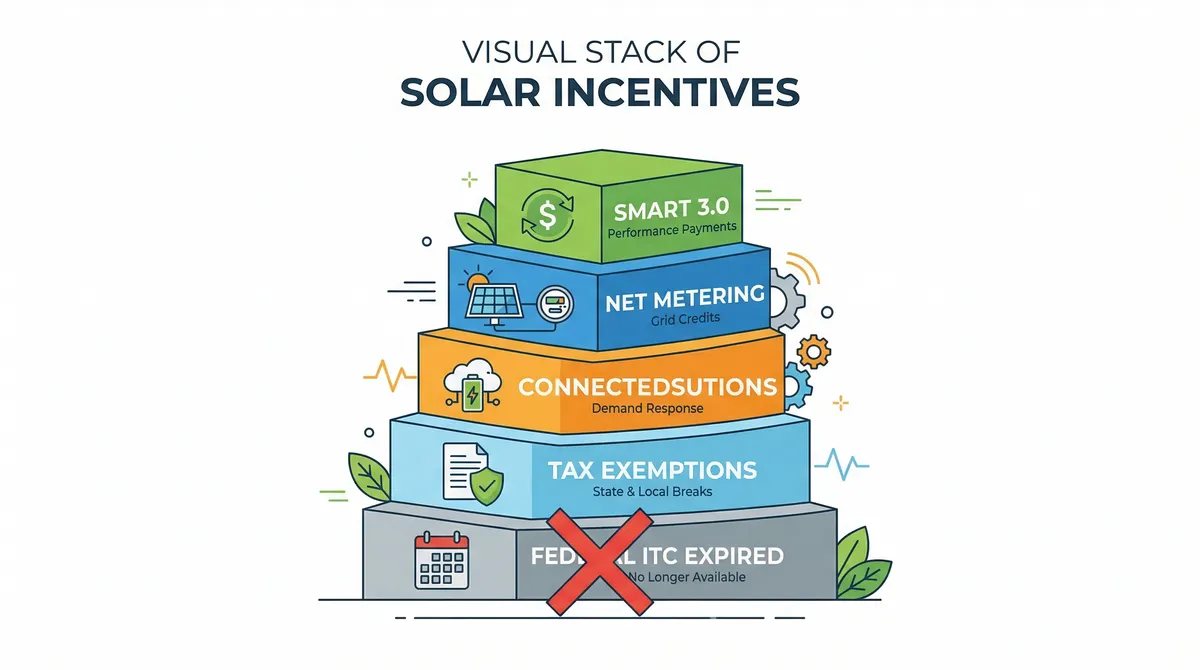 Massachusetts solar incentive stack diagram showing all active programs in 2026