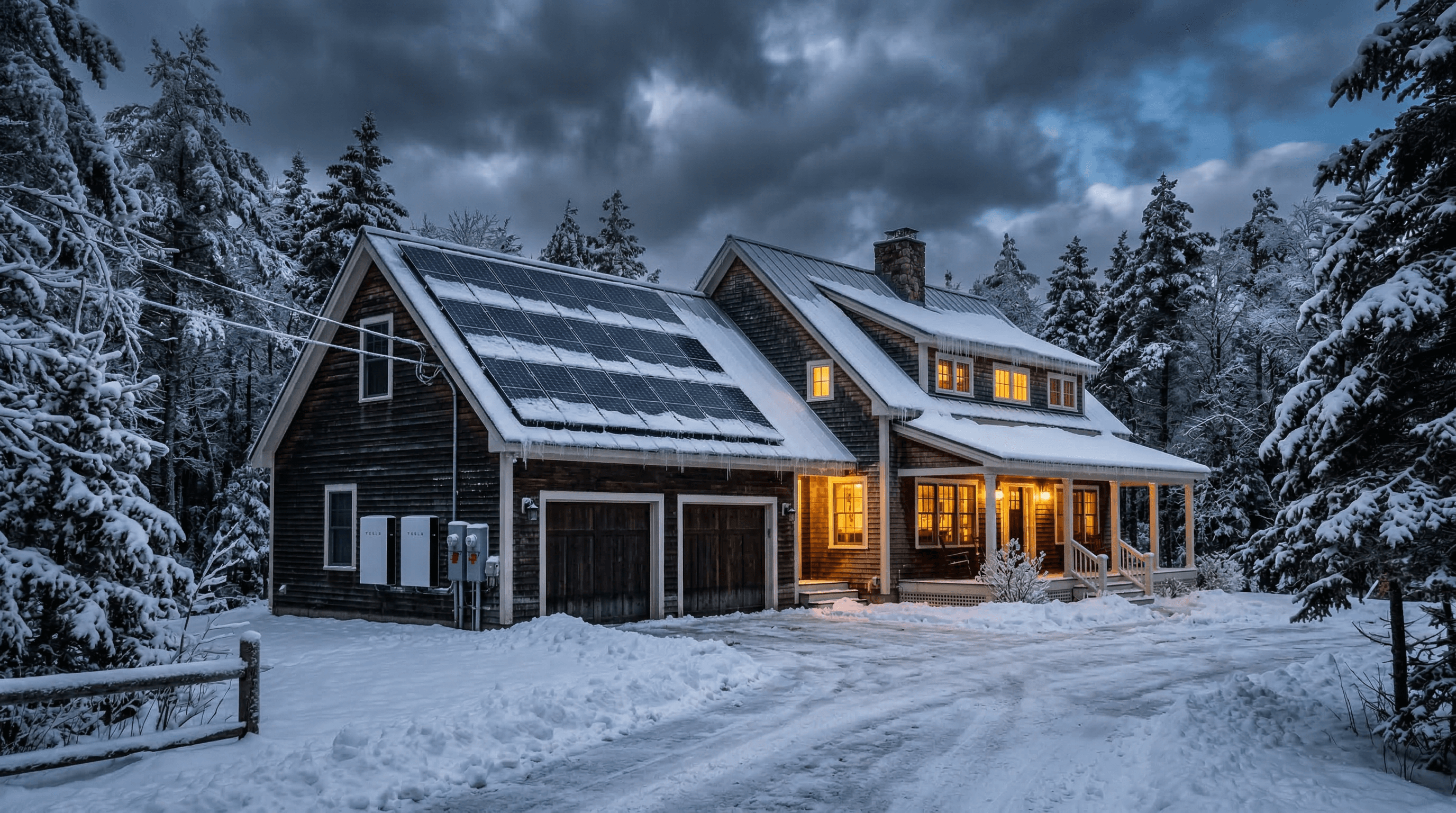 Maine home with solar panels and battery storage during winter storm, showing backup power keeping lights on