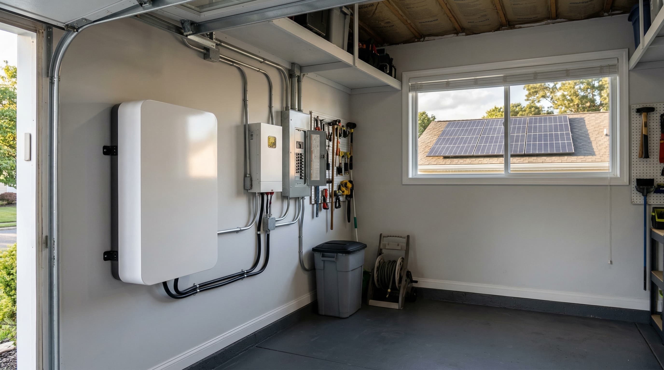 Home battery storage system installed in a New Jersey garage with solar panels visible through the window