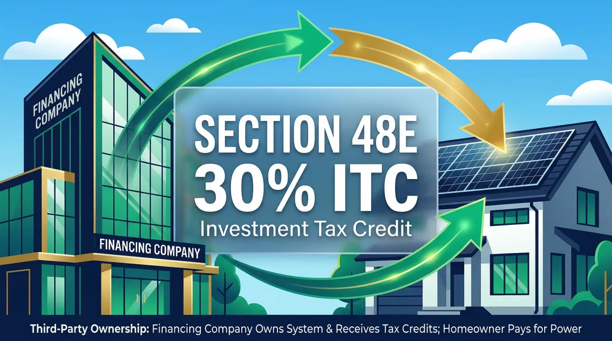Section 48E solar tax credit infographic showing third-party ownership model with 30% ITC flowing from financing company to homeowner