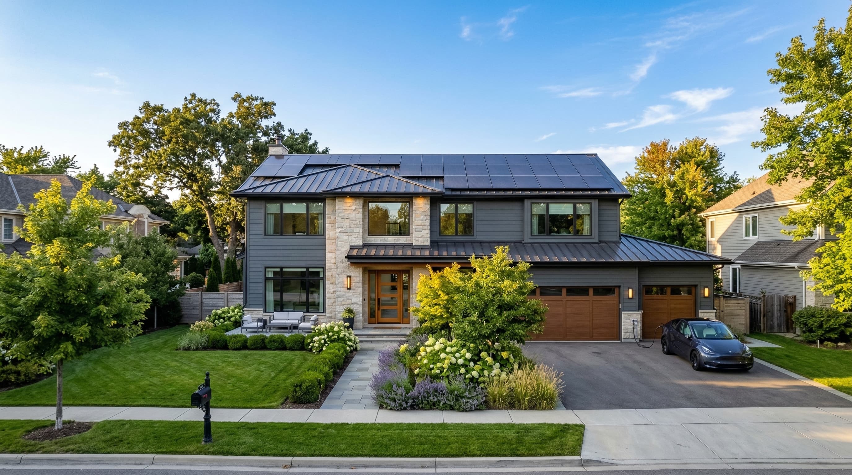 Modern home with solar panels and financial analysis visualization