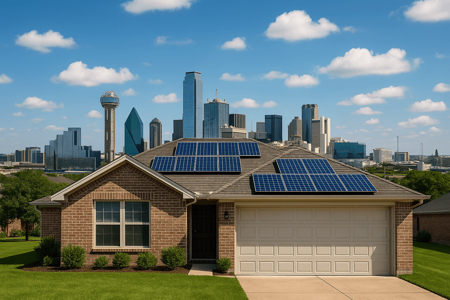 Dallas-Fort Worth suburban home with solar panels under blue Texas sky
