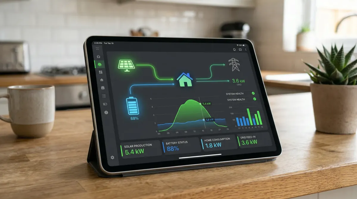 Solar monitoring dashboard showing production, consumption, and battery status