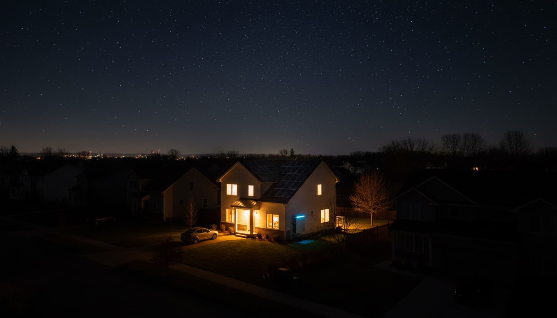 House powered by solar battery backup during neighborhood power outage