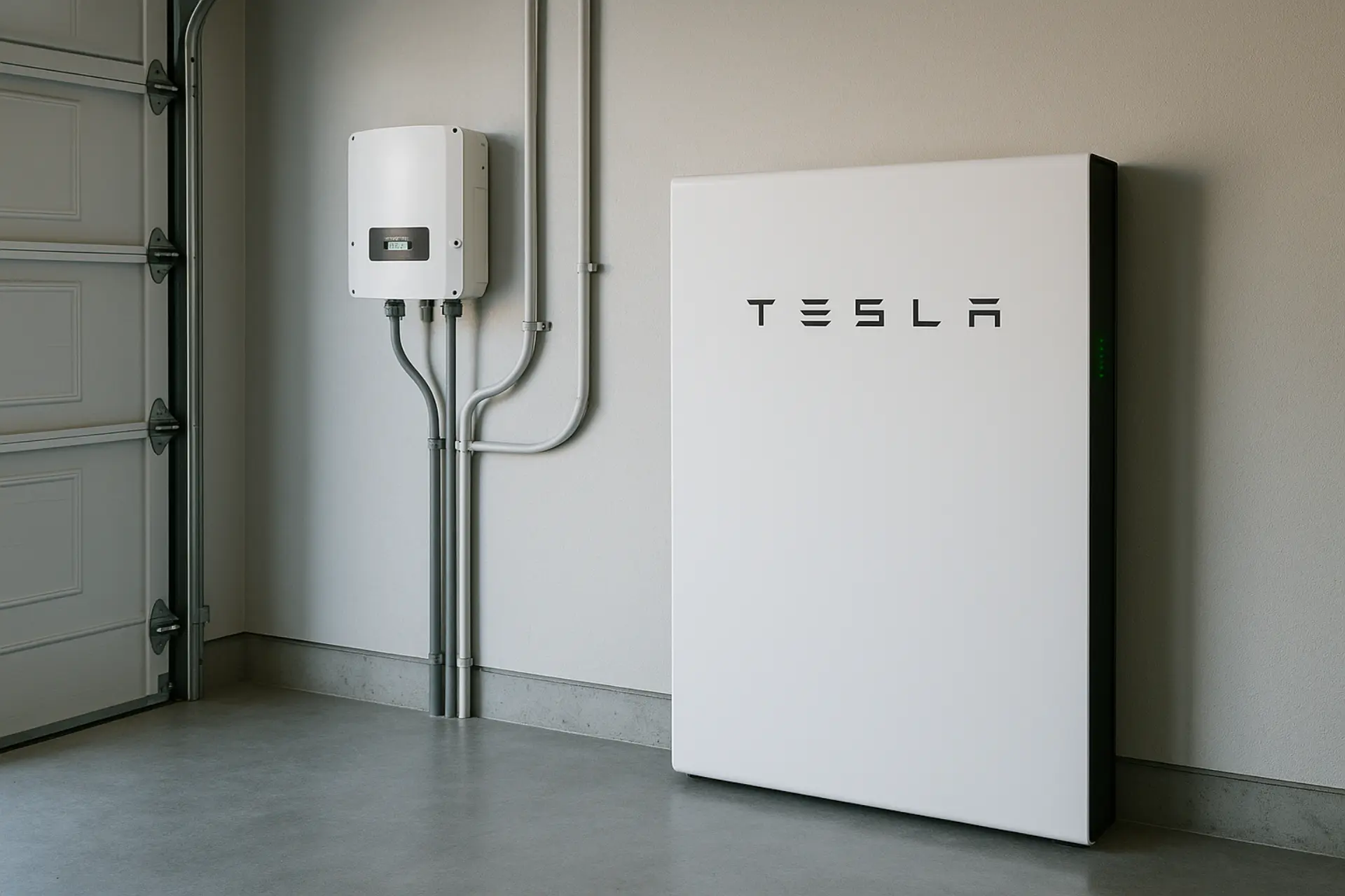 Home battery system installed on garage wall with solar panels visible on roof