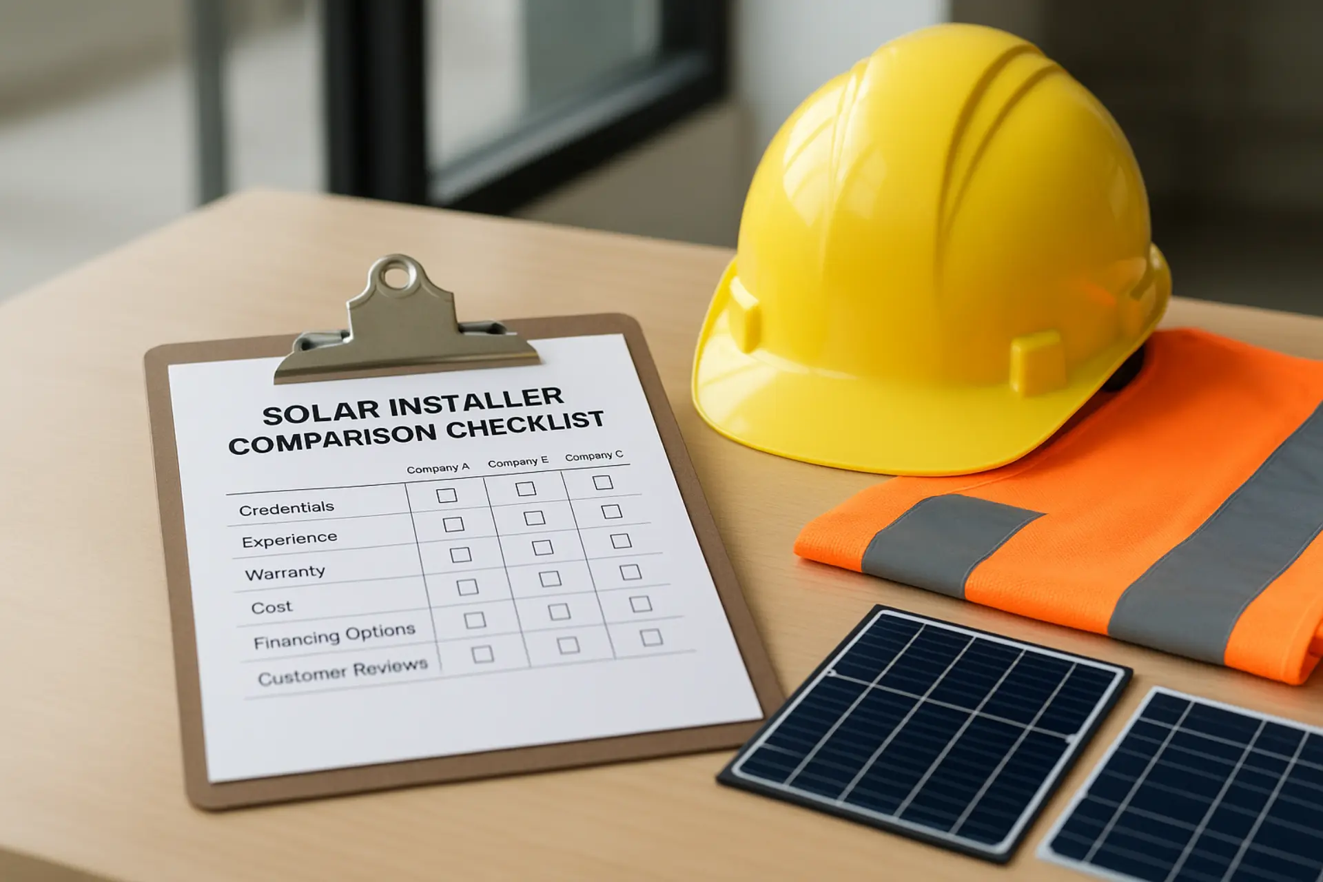 Clipboard with solar installer comparison checklist and contractor hard hat