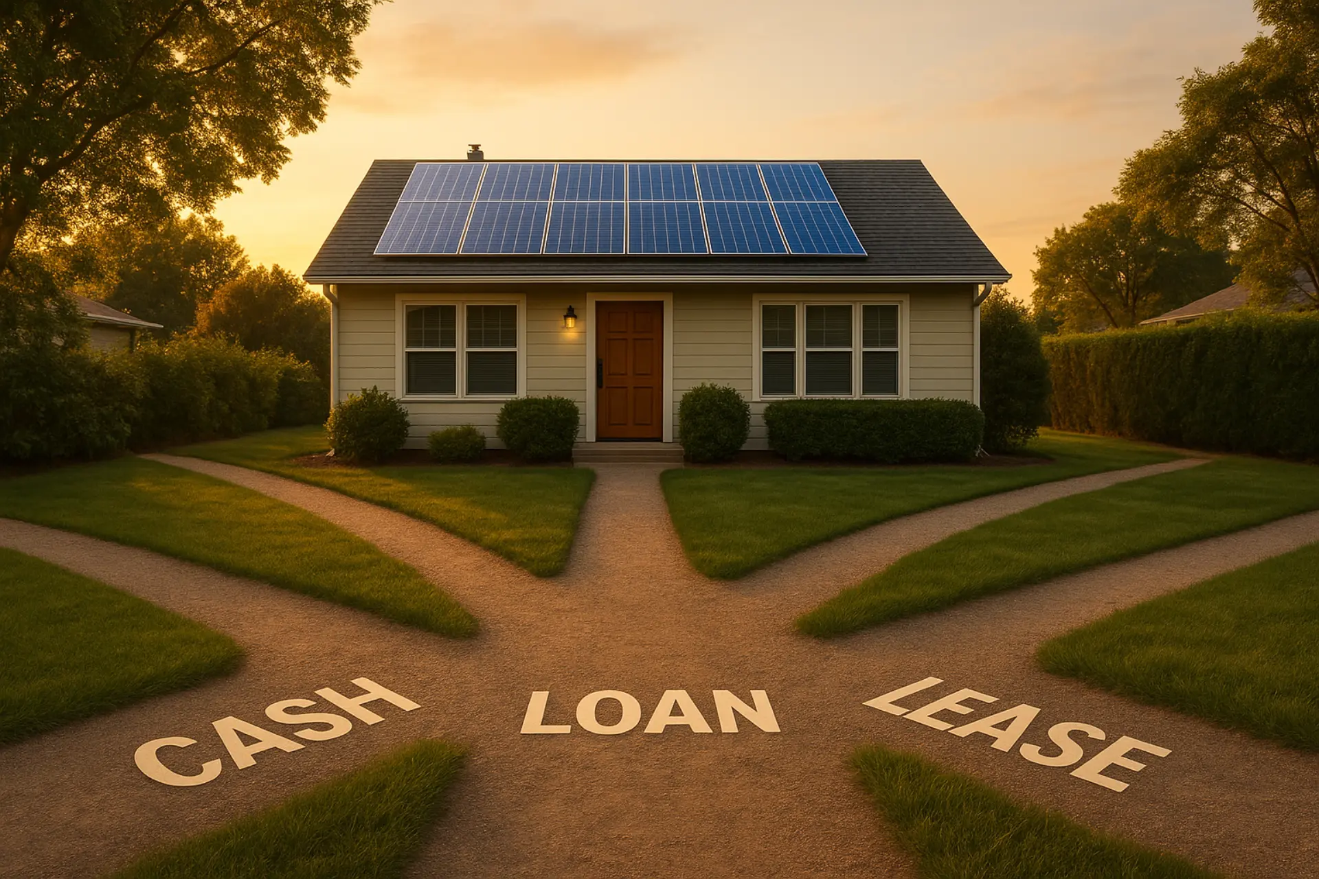 Split comparison showing four solar financing paths with dollar signs