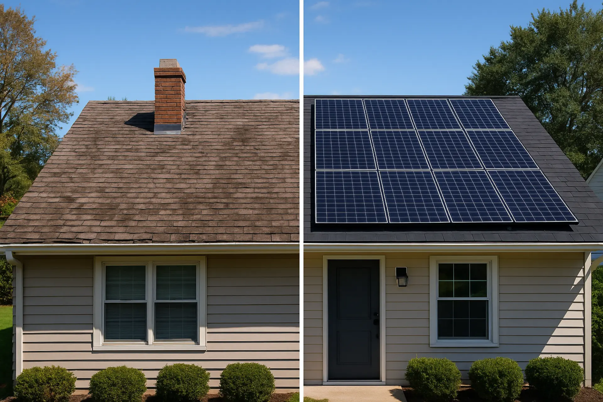 House with one half showing old shingles and the other half with new roof and solar panels