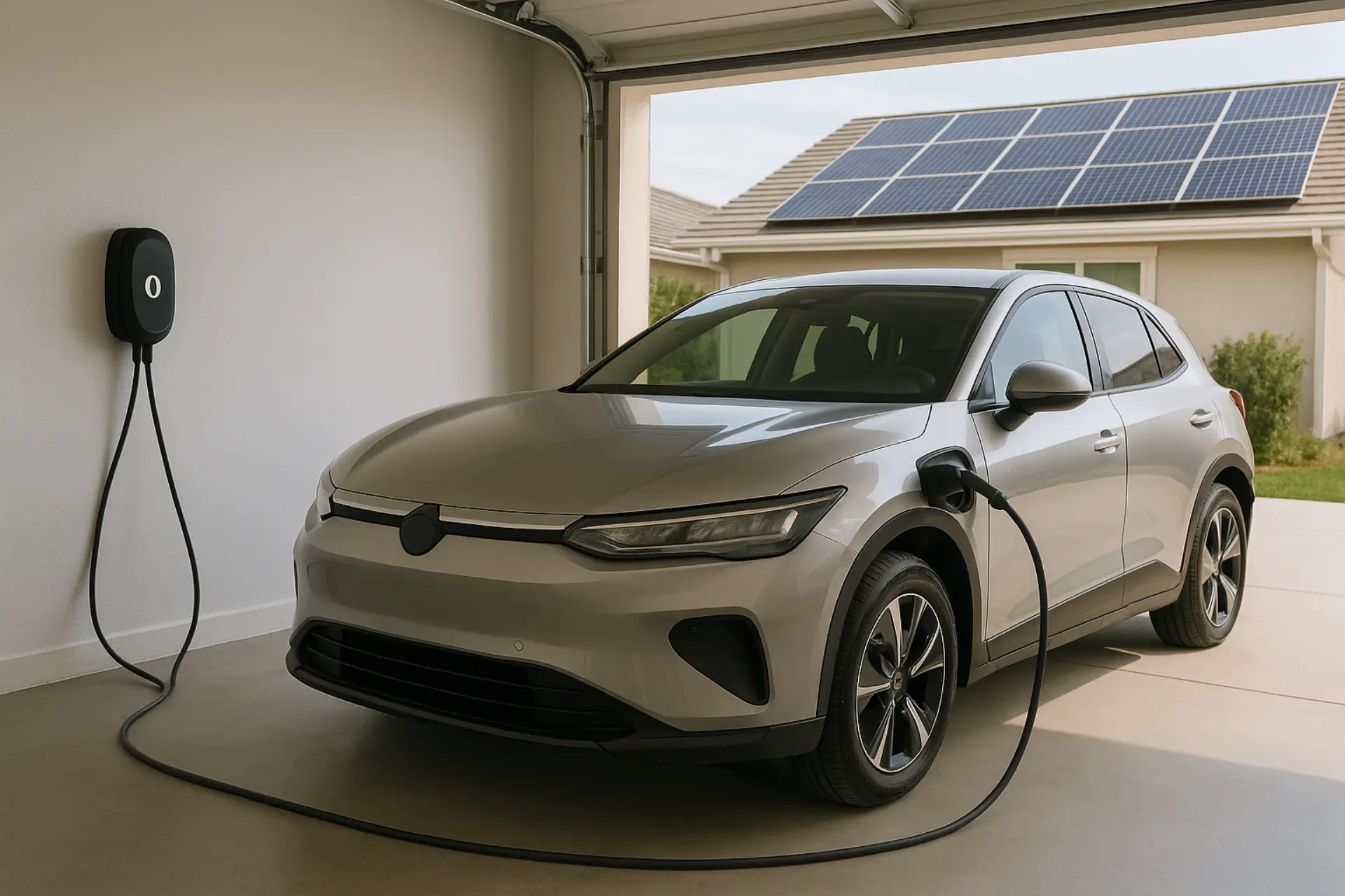 Electric vehicle plugged into Level 2 charger in a garage with solar panels on roof