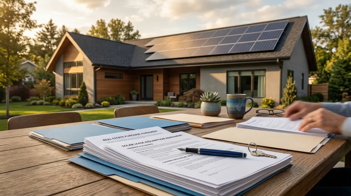 Home sale paperwork and rooftop solar system illustrating a solar lease transfer