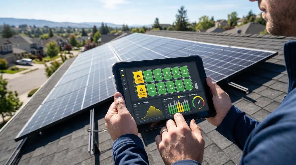 Solar monitoring dashboard showing panel performance analysis
