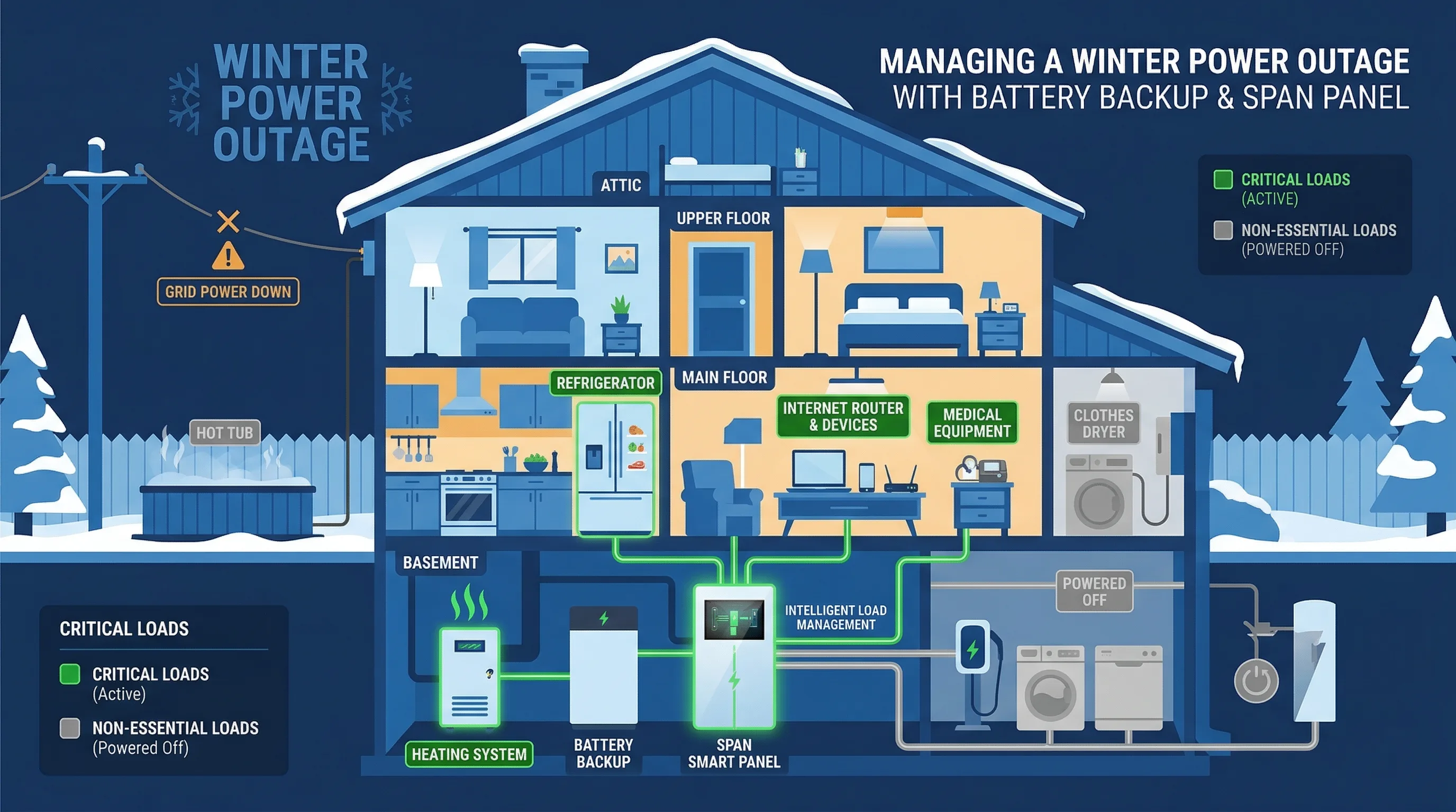 House cross-section showing critical loads powered by battery backup during a winter outage