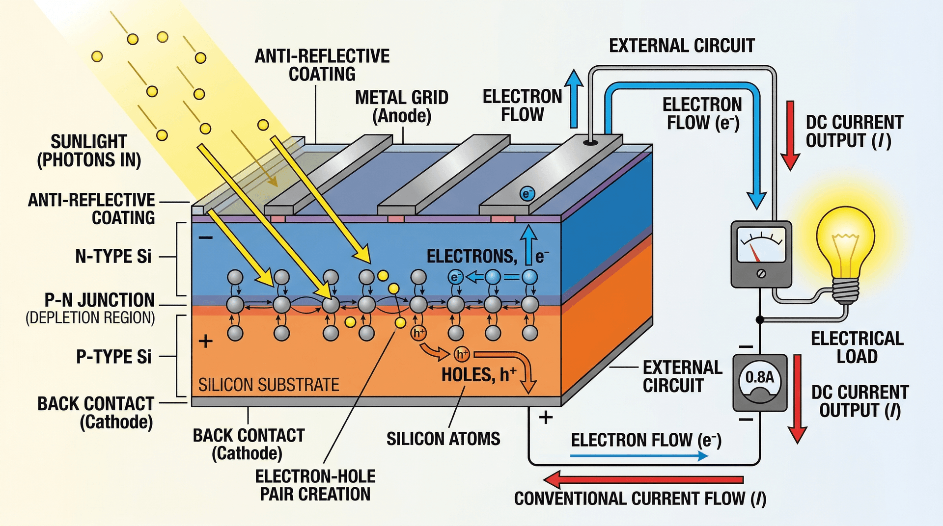Diagram showing how solar panels convert sunlight to electricity: panels to inverter to meter to grid